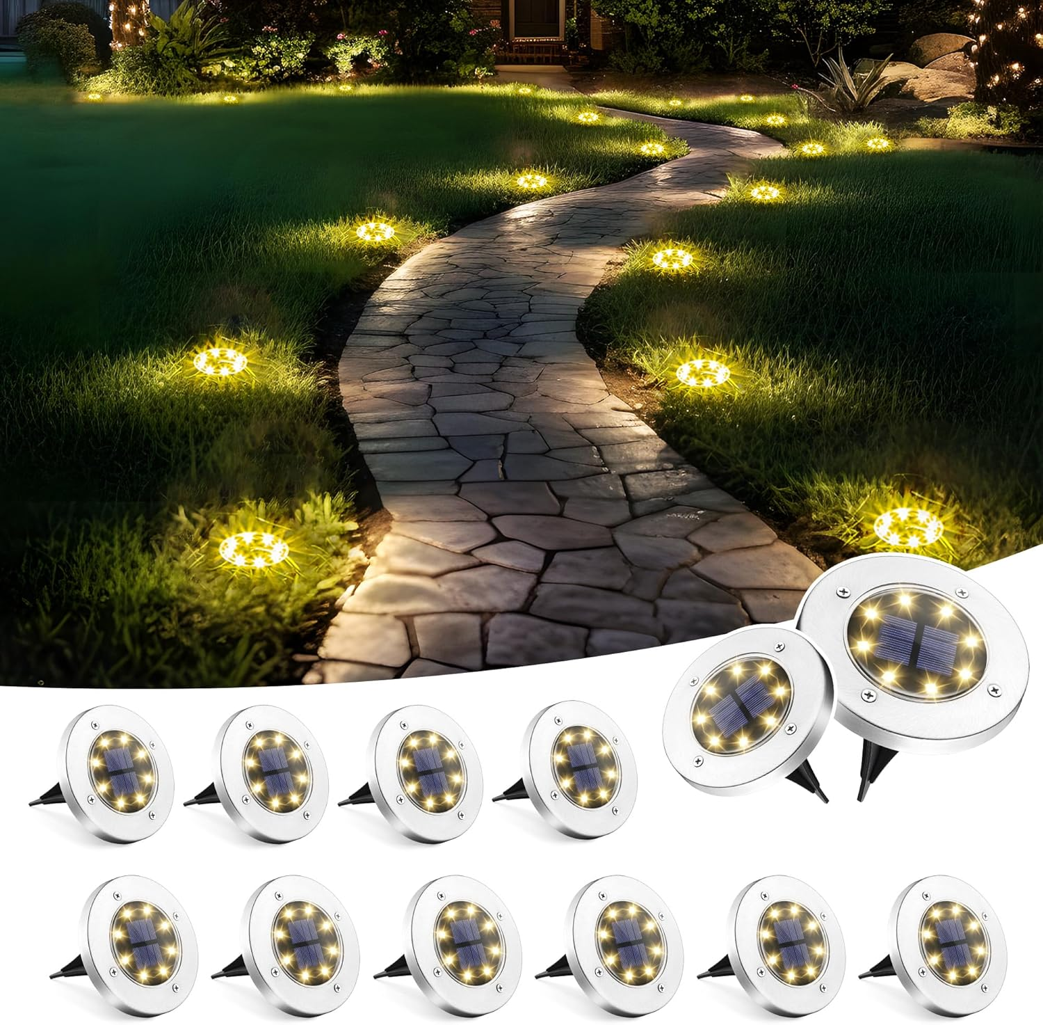 Solar Ground Lights, 12 Pack Solar Lights Outdoor Waterproof, 8 LED Solar Powered Landscape Lighting for Garden Yard Patio Driveway Pathway Walkway (Warm White)