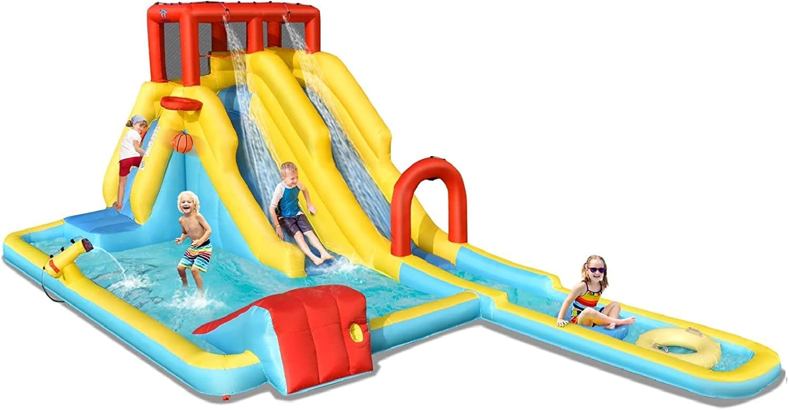HONEY JOY Inflatable Water Slide, 7-In-1 Double Long Slide Inflatable Water Park W/Climbing Wall, Swimming Pool, Basketball Hoop, Water Gun, Water Slide for Outdoor Backyard (Without Blower) image number 1