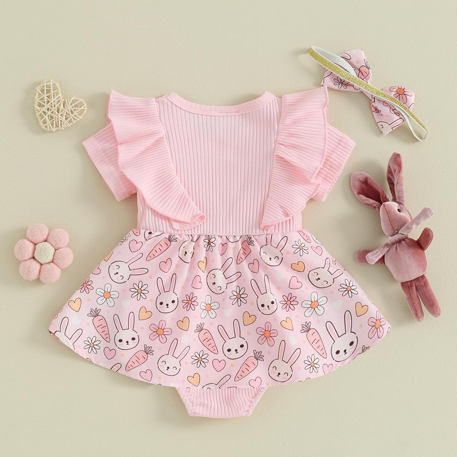 Newborn Baby Girl Easter Outfit Bunny Ruffle Short Sleeve Romper Dress with Headband Set Spring Summer Clothes