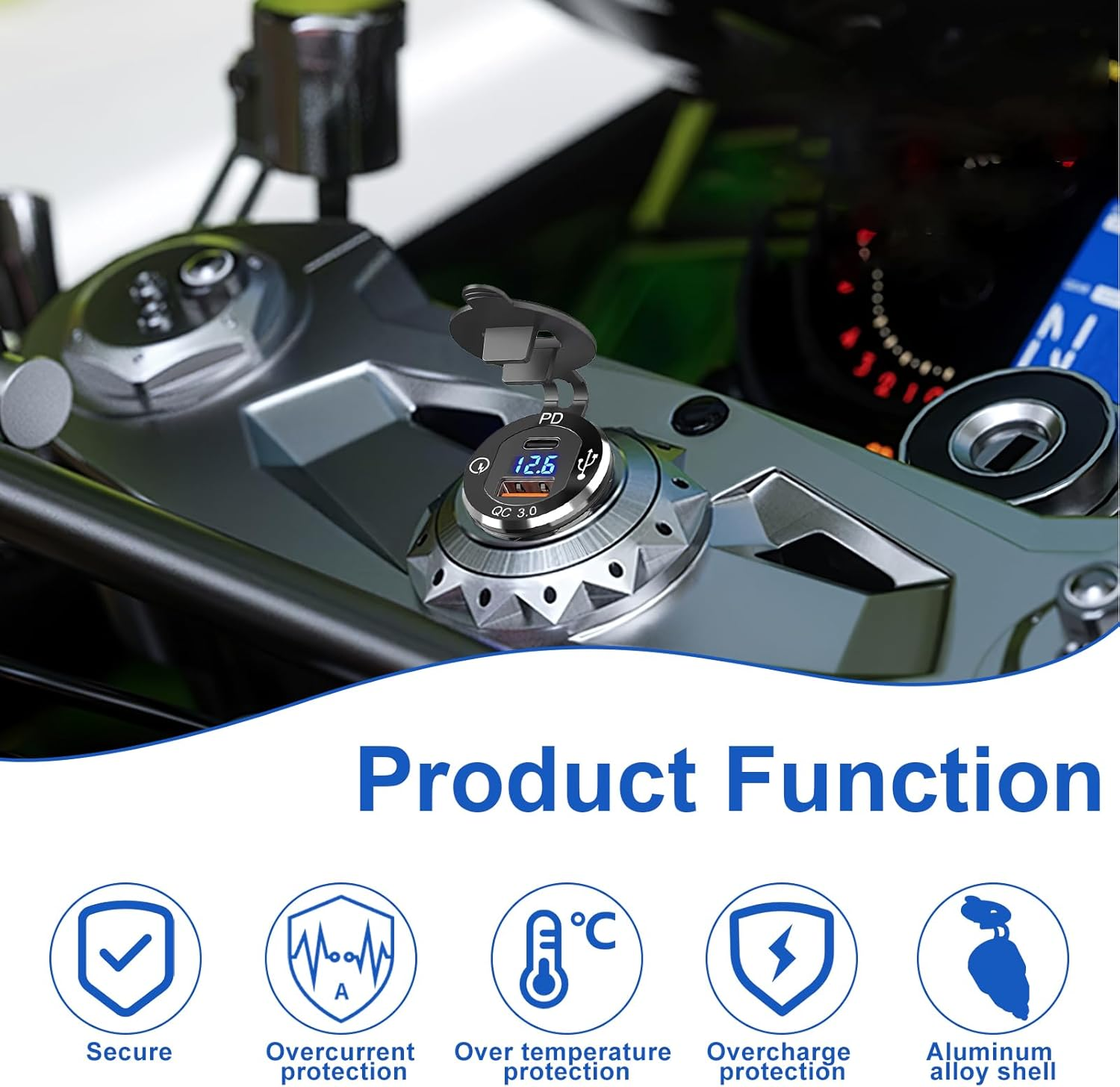 USB C Motorcycle DIN Charger, 30W PD3.0 and 18W QC3.0 Dual USB DIN Hella Socket with LED Voltmeter, Waterproof Aluminum Cigarette Lighter Adapter Plug for Motorcycle 12V/24V BWM Ducati image number 3