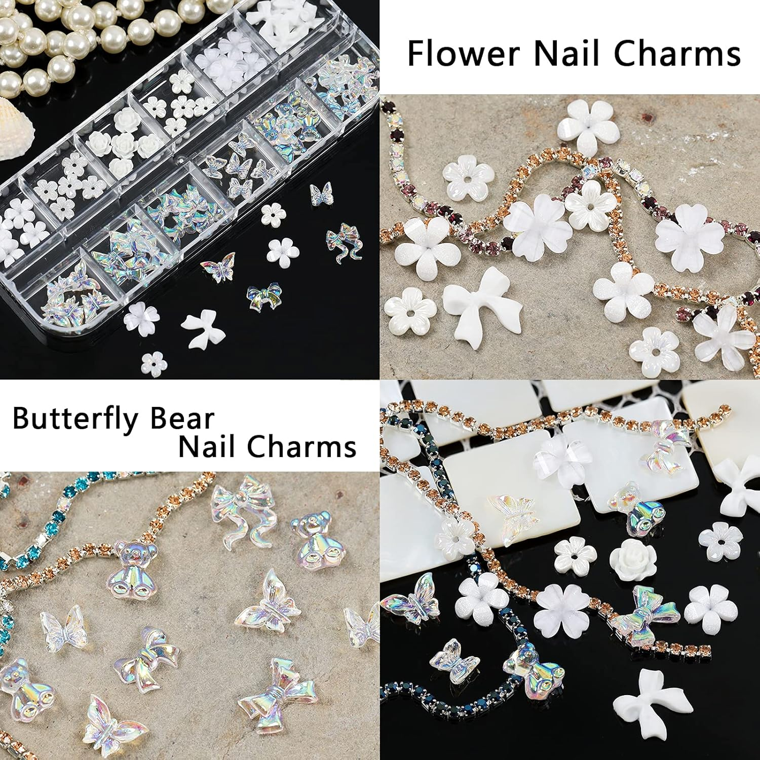 NAFIGO 3D Acrylic Butterfly Flowers Bear Nail Charms Art 3D, AB Crystal Rhinestones Multi Shapes Pearl Gold Metal Art, Decal Jewelry Accessories DIY Crafting, 2 Piece Set image number 2