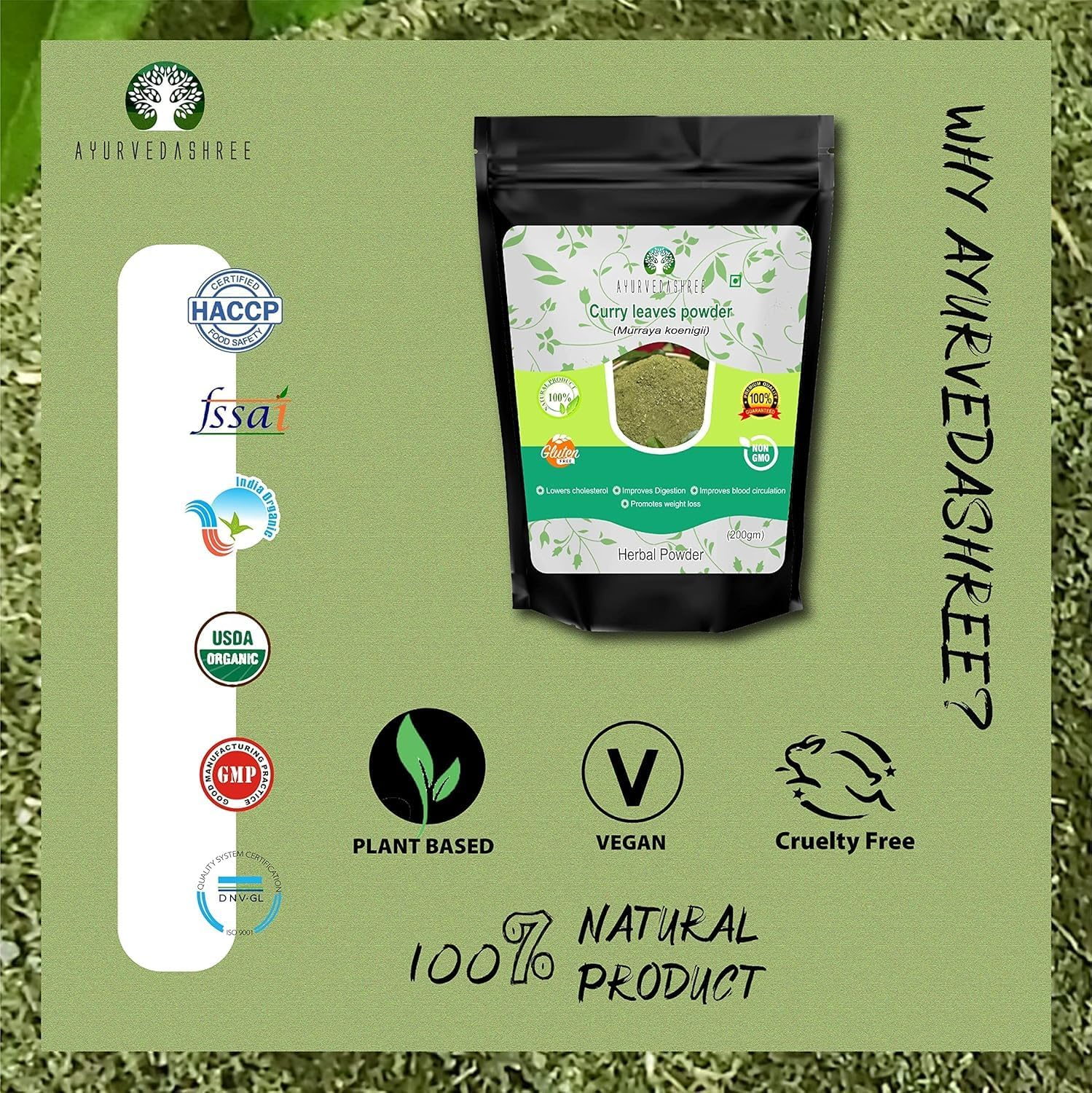 AYURVEDASHREE Curry Leaf Powder 200 Gm | Promotes Hair Growth | Hair Volume | Thicker Hair | Murraya Koenigii | Natural & Food Grade