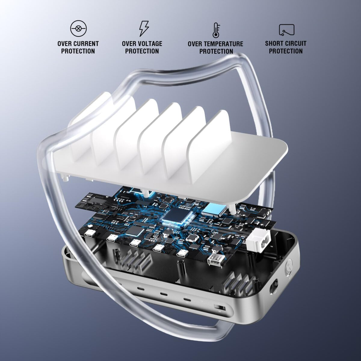 4Smarts 100W USB C Charging Station for Multiple Devices, 6 Port Multi Device Fast Charging Hub, Office & Home Workstations for Iphone Ipad Tablets Android Devices, Silver (6 Cables Included) - Grey image number 7