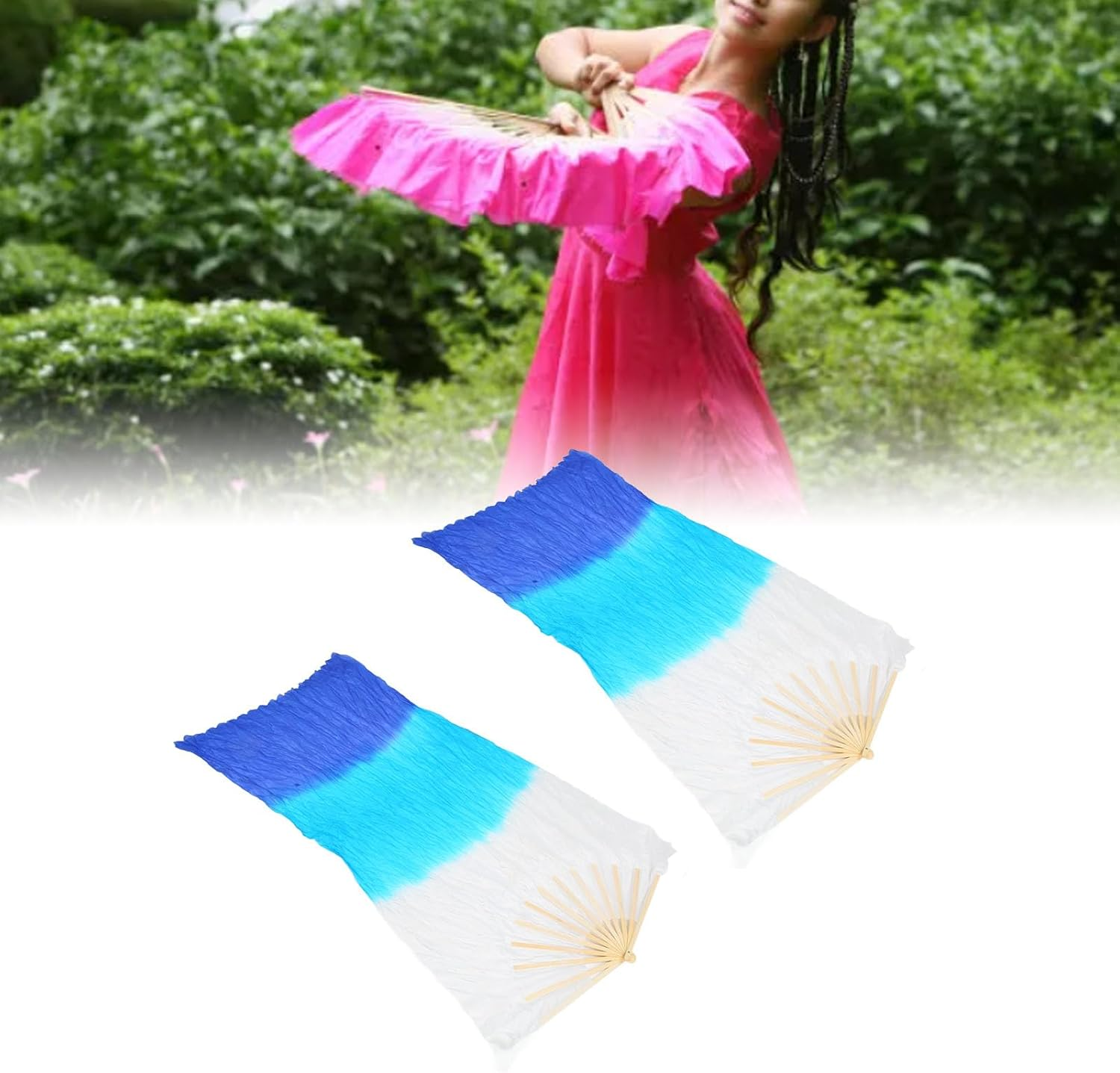 Silk Belly Dance Fan, 2Pcs 1.5M Artificial Silk Belly Dance Bamboo Fan Veils National Dance Artificial Silk Veil Fans Long Folding Imitated Silk Fans for Dancing Performances image number 4