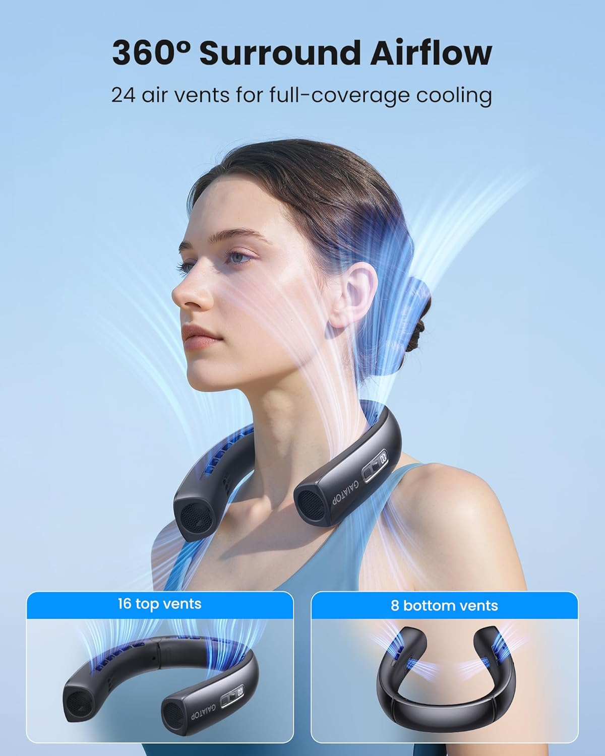 Gaiatop Portable Neck Fan, Wearable 360&deg; Surround Cooling Turbo Airflow, 0 to 100 Speeds, up to 12.5H Lasting, Rechargeable Hands Free Personal Fans for Outdoor, Travel, Concerts, Office, Gym, Black image number 3