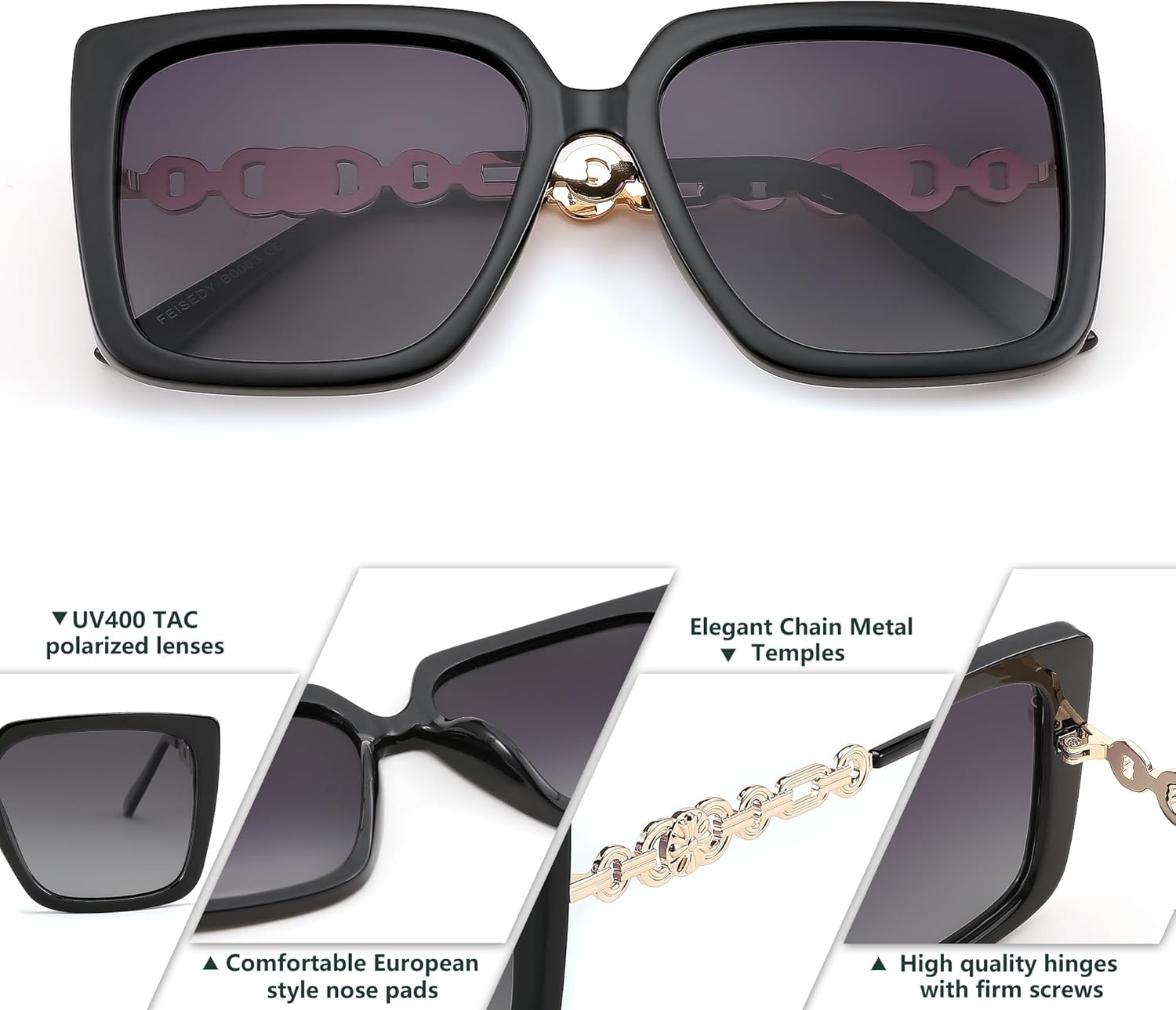 FEISEDY Trendy Polarized Cateye Sunglasses Womens Vintage Oversized Square Sunglasses UV400 Protection B0003 - Black Frame - Gradient Grey Lens image number 2