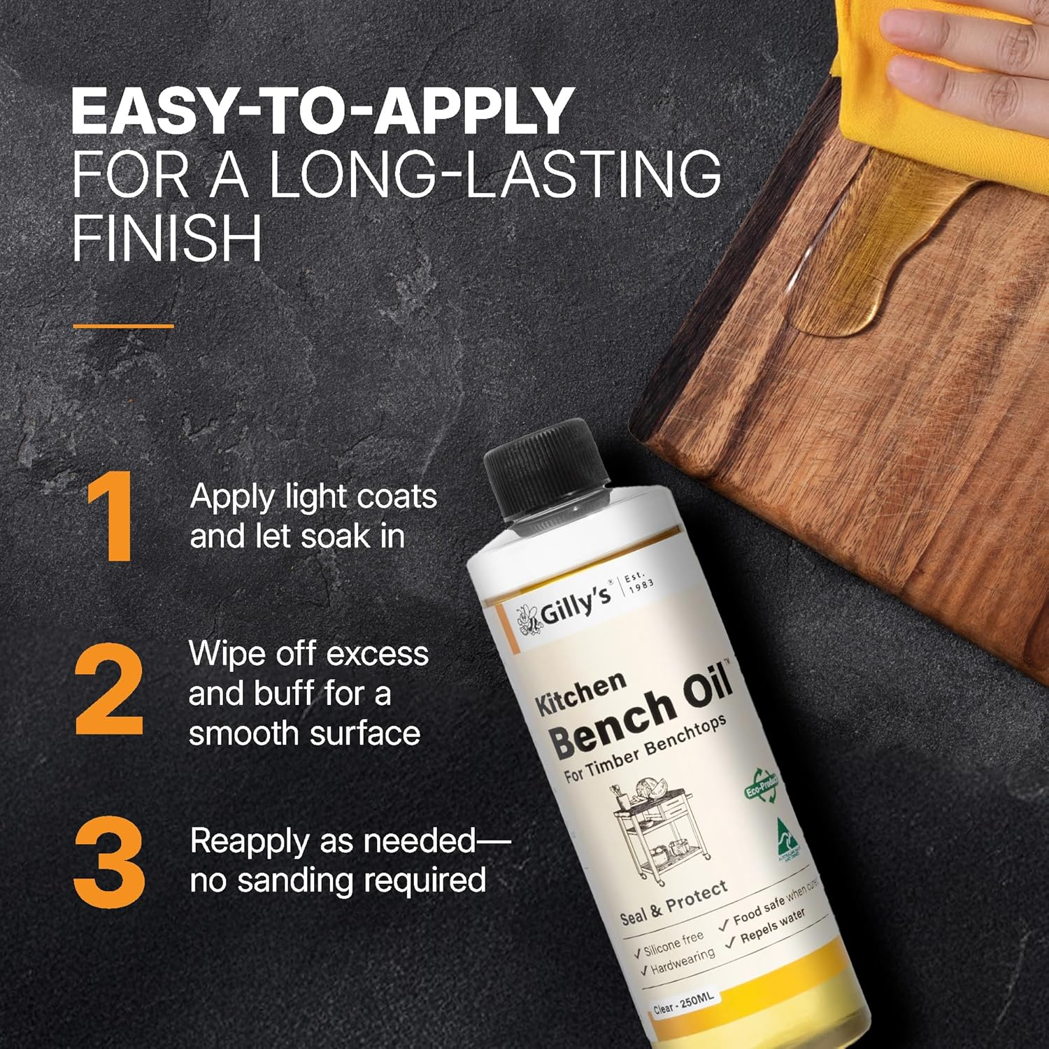 Gilly'S Kitchen Bench Oil 250Ml | Tung Oil-Based Natural Timber Sealer for Benchtops, Tables, Cabinets, and More | Water Repellent, Easy Maintenance, No Silicone or Synthetic Resins image number 5