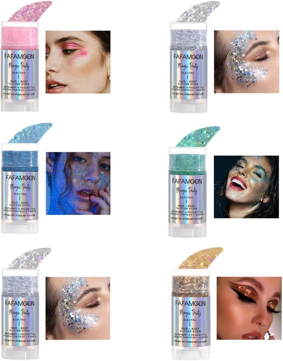 6 Color Chunky Glitter Gel Stick Face & Body Shimmer for Festivals, Makeup & Nail Art | Iridescent Flakes for Eyes, Lips, Hair
