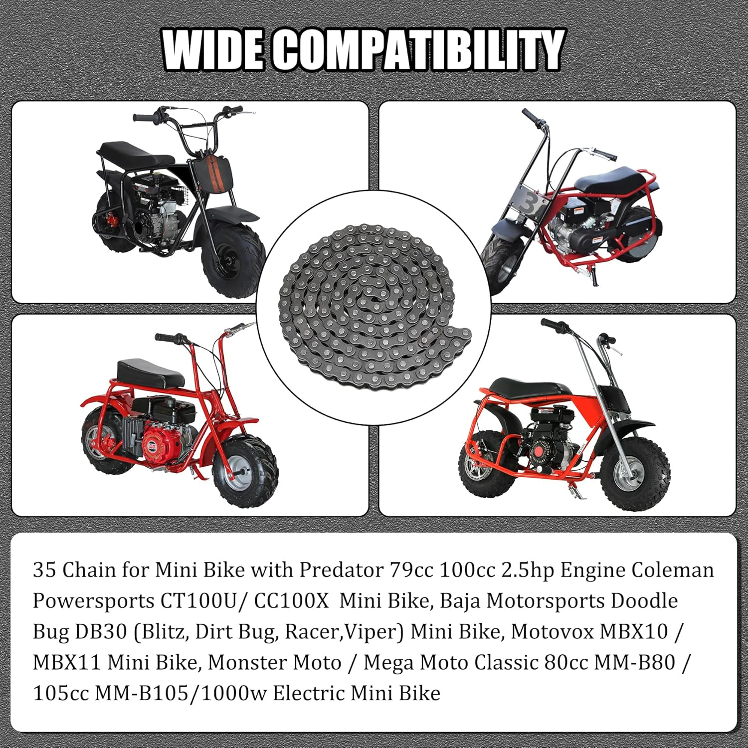 YOXUFA #35 Chain for Mini Bike Coleman CT100U CC100X Baja Doodle Bug DB30 Motovox MBX10 MBX11 Mega Moto MM-B80 105Cc Predator 79Cc 97Cc 100Cc Engine Powersports Parts with Chain Breaker - 140 Links image number 4