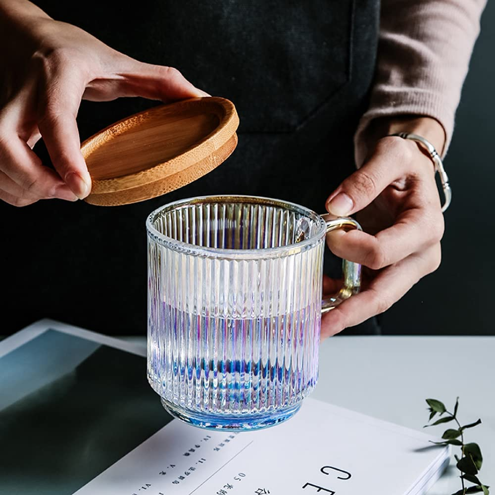 Clear Iridescent Glass Mug with Lid Cherry Blossoms Spoon Tea Mugs Coffee Glass Cup Pretty Mug for Milk Latte Chocolate Juice Water, for Women Girl Birthday Christmas Mother`S Day (White) image number 4