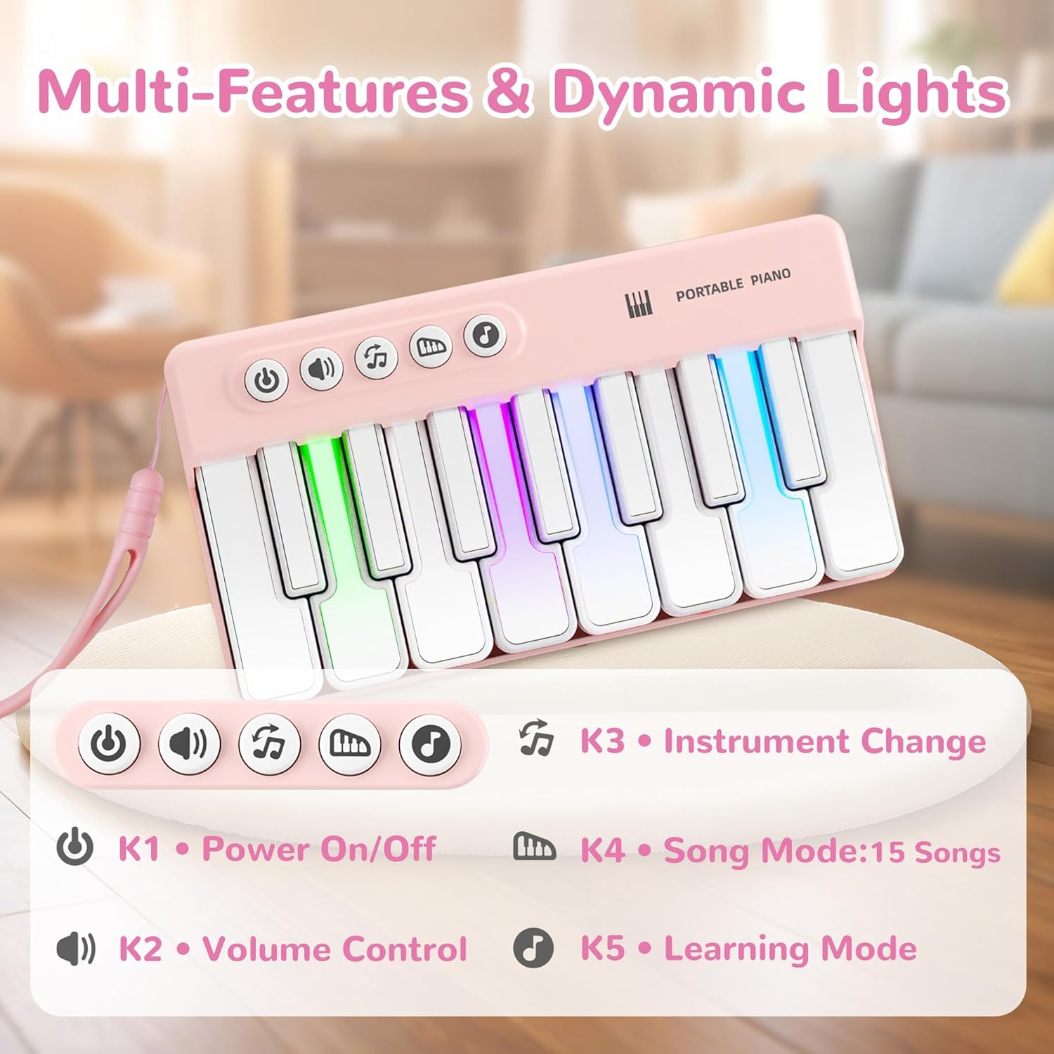 Mini Piano Keyboard for Toddlers, Baby Piano Musical Toy W/ Adjustable Volume and Lights, 15 Melodies, Learning Mode, 3 Sound Effects &ndash; Portable Kid Pianos Toy Christmas for Baby, Toddler, Kid, Adults - Pink image number 4
