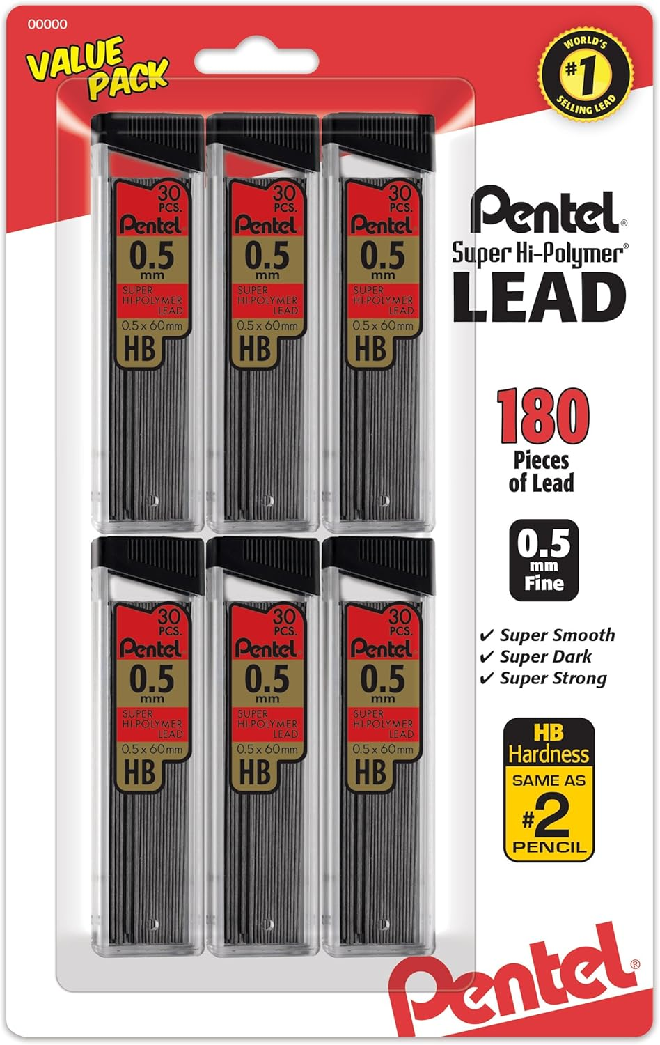 Pentel Super Hi-Polymer Refills, 0.5 Mm Fine, HB, 180 Pieces of Lead (C25BPHB6) image number 3
