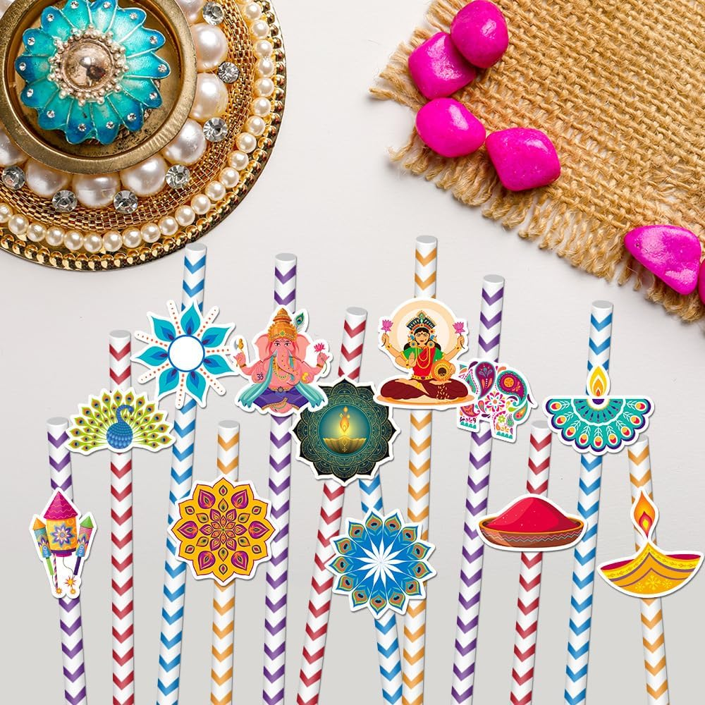 Happy Diwali - Paper Straw Decor - Festival of Lights Party Striped Decorative Straws - Set of 24 image number 4