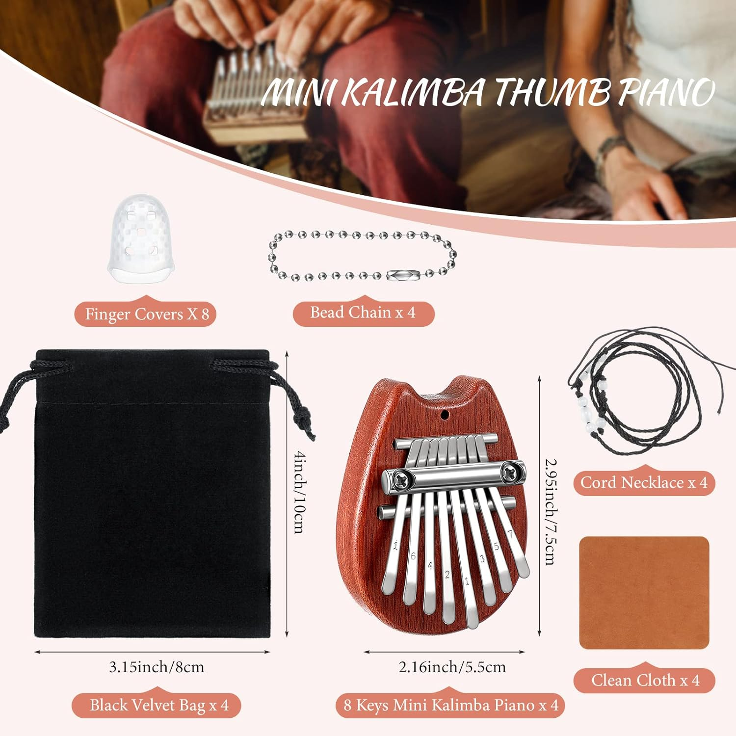 Konohan 24 Pcs 8 Keys Mini Kalimba Piano Set, Include 4 Mini Exquisite Finger Thumb Piano 4 Lanyard 4 Chains 8 Finger Protector 4 Cleaning Cloth for Kids Adults Beginners Gift (Cartoon Style) - Rainbow Drop Style image number 7