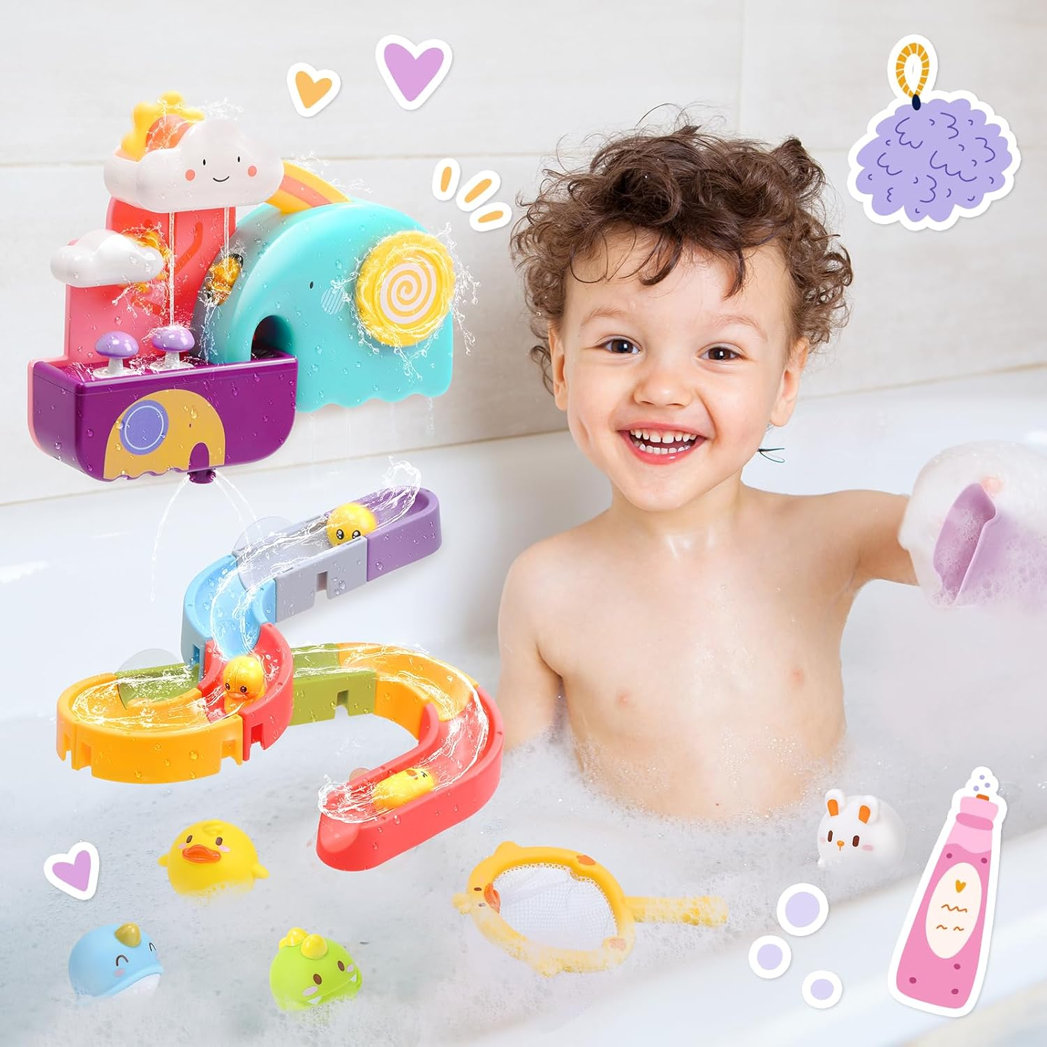 CUTE STONE Baby Bath Toys, Bathtub Toy W/ Water Slide Building Track, No Hole Floating Squirting Toys, Duck Fishing Net Game, Toddler Shower Toys, Water& Pool Toys, Educational Gifts for Boys Girls image number 3