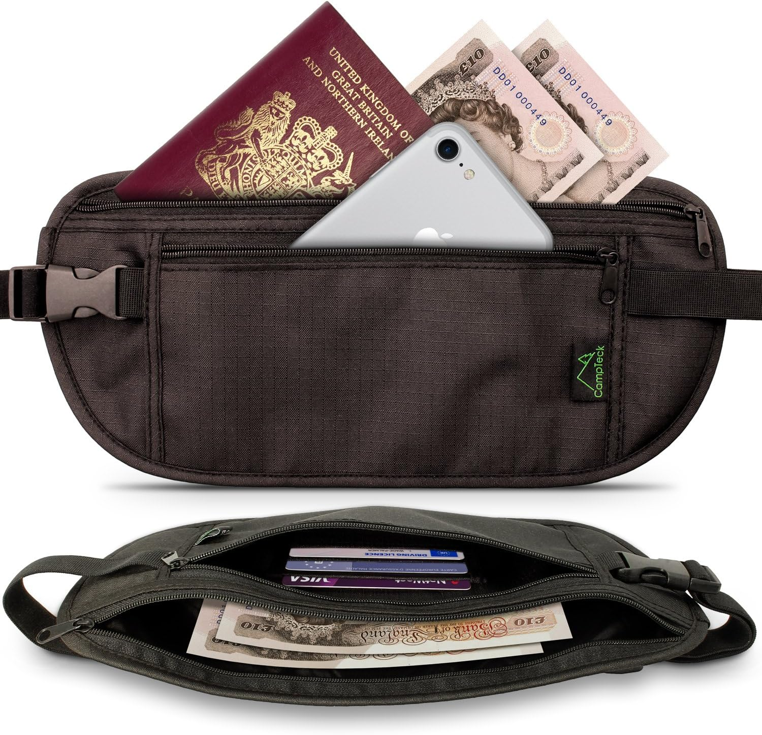 Campteck U6680 RFID Faraday Signal Blocking Hidden Money Belt Travel Pouch Wallet for Cash, Passport, Debit & Credit Cards, Smartphone Etc Black image number 4