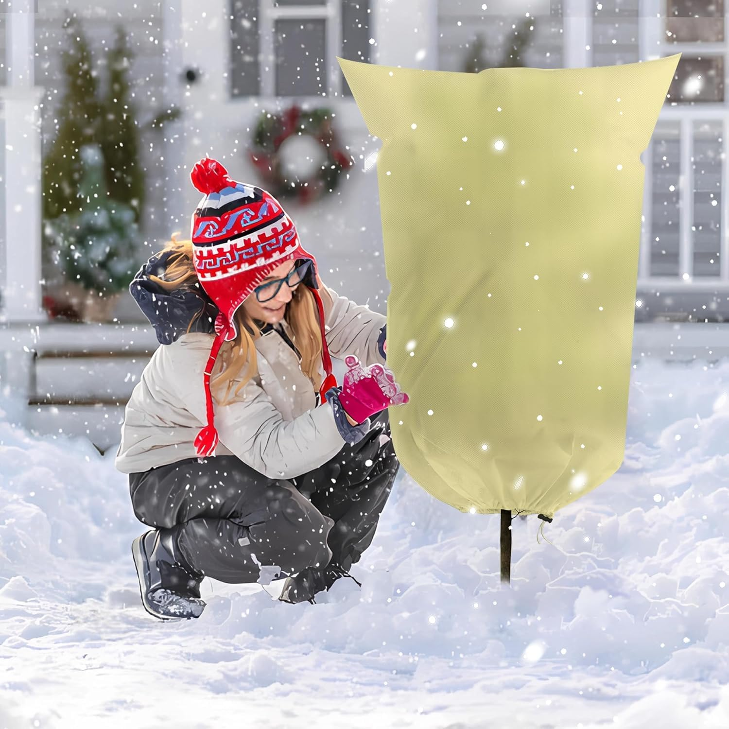 Plant Covers Freeze Protection, 2 PCS 120CM W X 180CM H Large Frost Cloth Blankets with Zipper Drawstring, Reusable Frost Tree Covers Shrub Jackets for Winter Outdoor Plants Potted Fruit Tree (White) - White image number 4