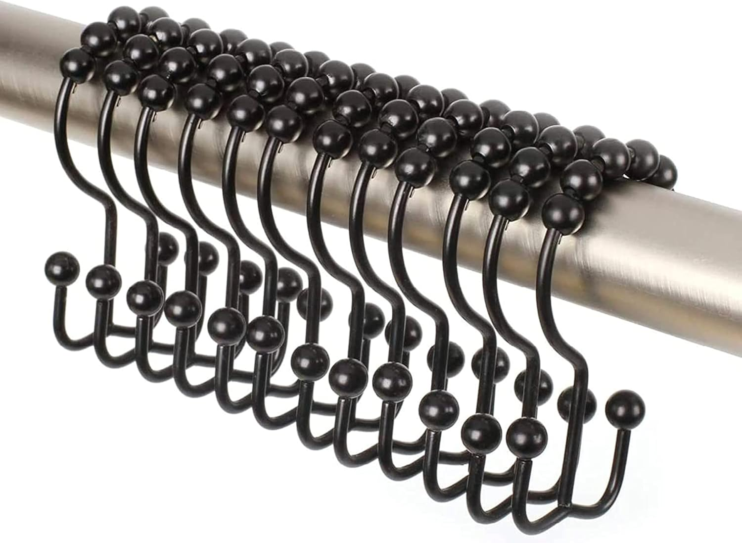 Premium Quality Double-Hook Rollerball Shower Curtain Rings (Set of 12 Hooks) in Brushed Nickel Finish - Rust-Free/Corrosion-Free