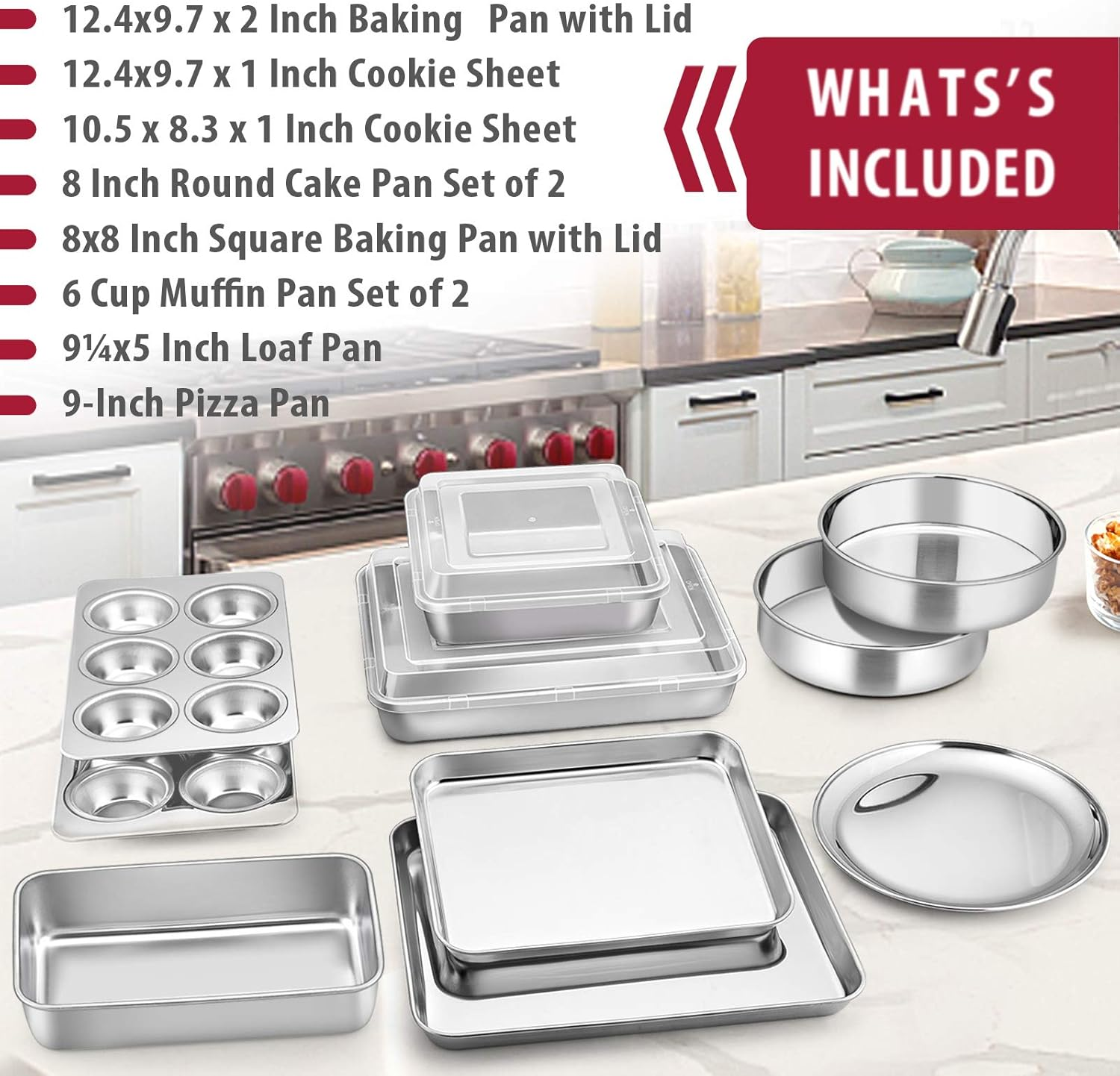 E-Far 12-Piece Stainless Steel Bakeware Sets, Metal Baking Pan Set Include round Cake Pans, Square/Rectangle Baking Pans with Lids, Cookie Sheet, Loaf/Muffin/Pizza Pan, Non-Toxic & Dishwasher Safe image number 4