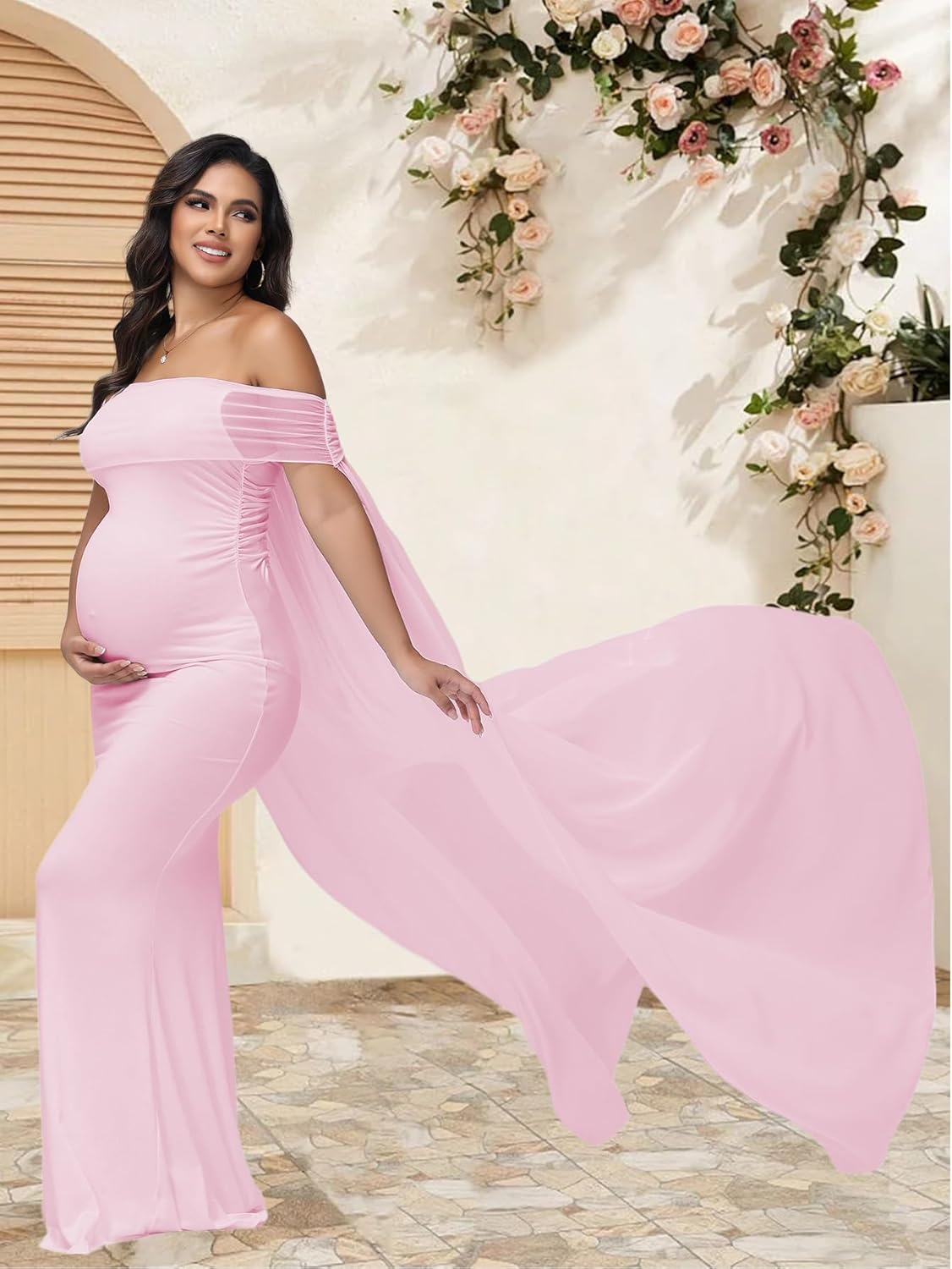 Justvh Women'S Maternity Mesh off Shoulder Chiffon Maxi Photoshoot Dress for Baby Shower Cloak Outfit Maxi Photography Gown
