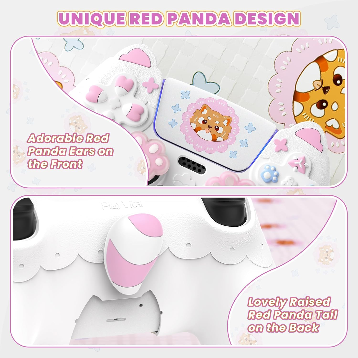 Playvital Cute Spring Lesser Panda Silicone Cover for Ps5 Controller with Joystick Cap and Sticker, Anti-Grip Shockproof Skin, Compatible with Charging Station, White image number 1