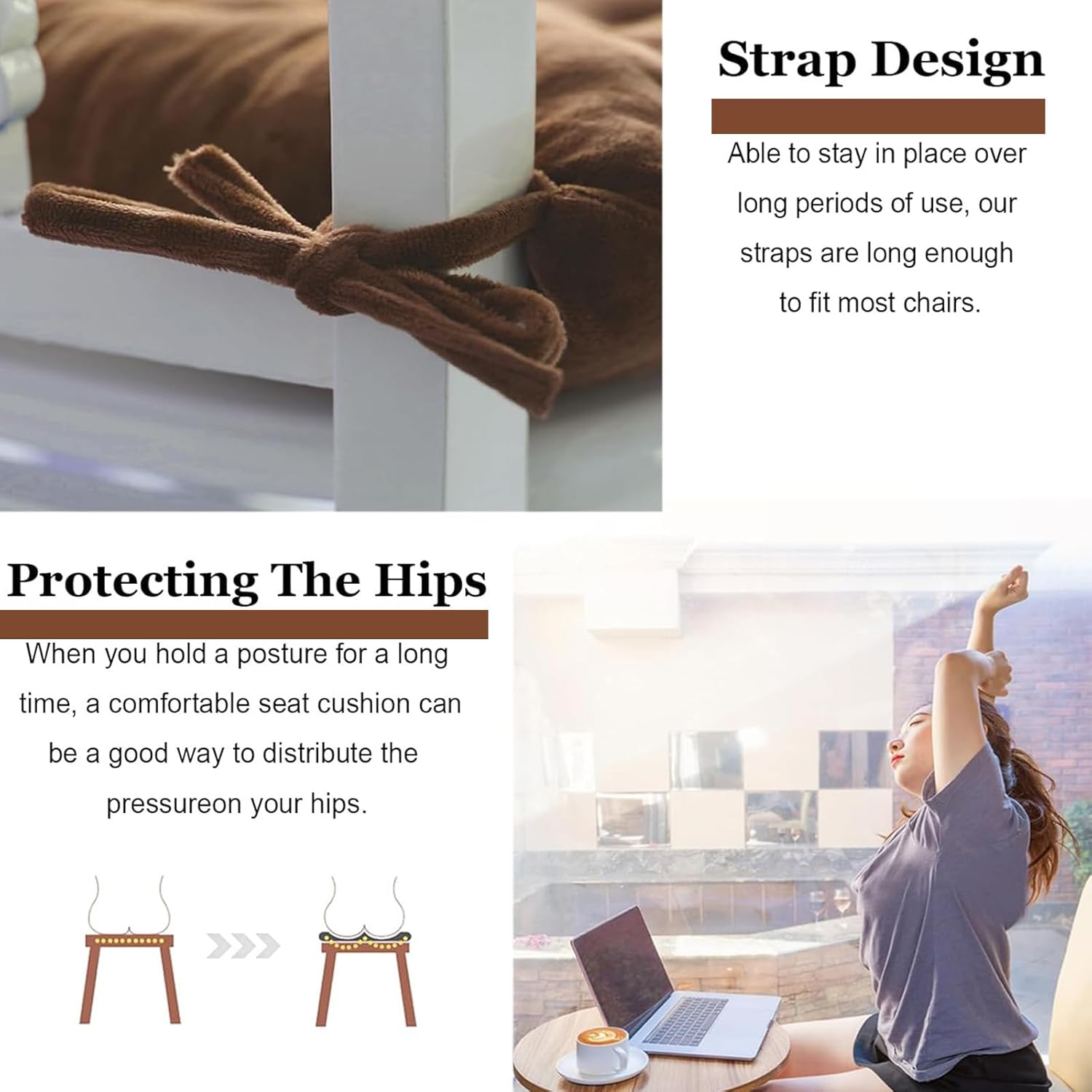 4 Pack Square Seat Cushion Chair Pads for Kitchen Dining Chairs, Soft Comfort Velvet Chair Mat Pillow Cushions with Ties for Office Desk Living Room Tatami 15.5" (Brown) image number 6