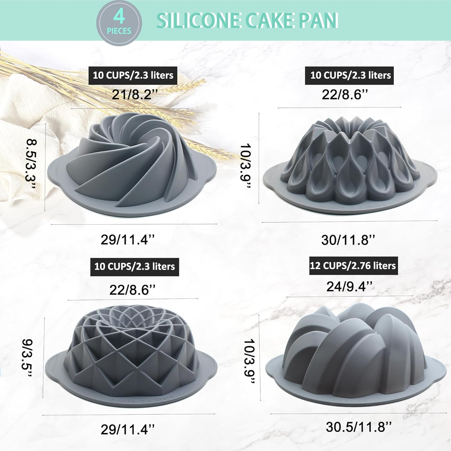 Tongjude 4 Pieces Silicone Fluted Cake Pans, 10/12 Cups Tube Baking Pan, Silicone Molds for Homemade Cake, Bread and Jello, Non-Stick, Grey image number 3