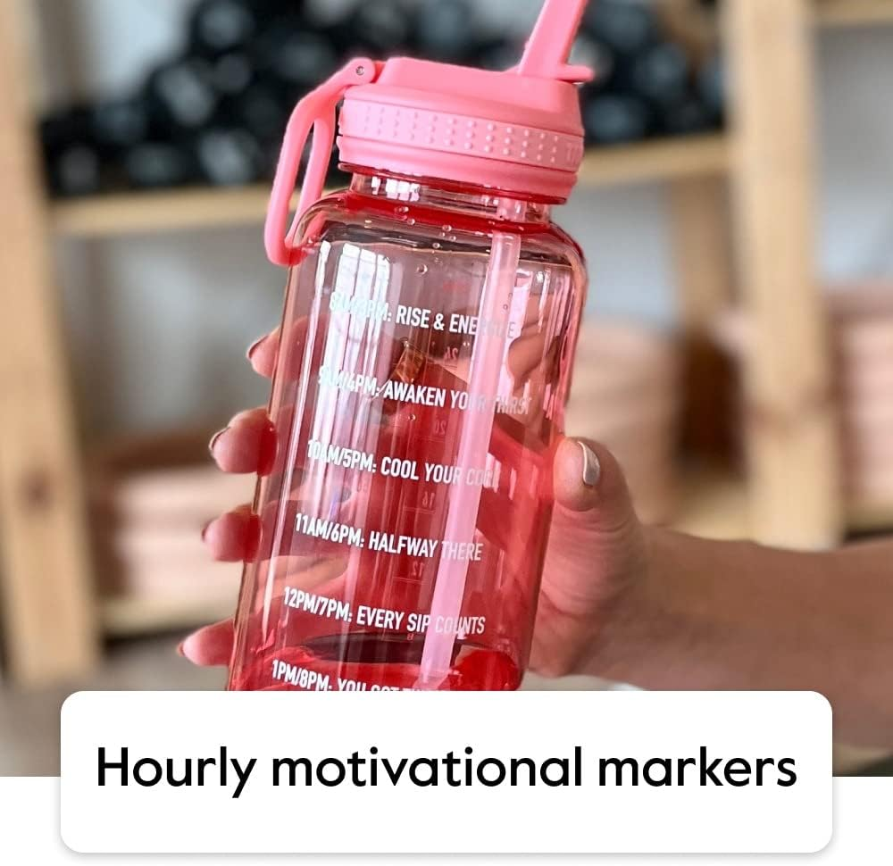 Takeya Premium Quality Motivational Water Bottle with Straw Lid with Times to Drink, BPA Free Tritan Plastic, 32 Oz, Flutter Pink image number 5