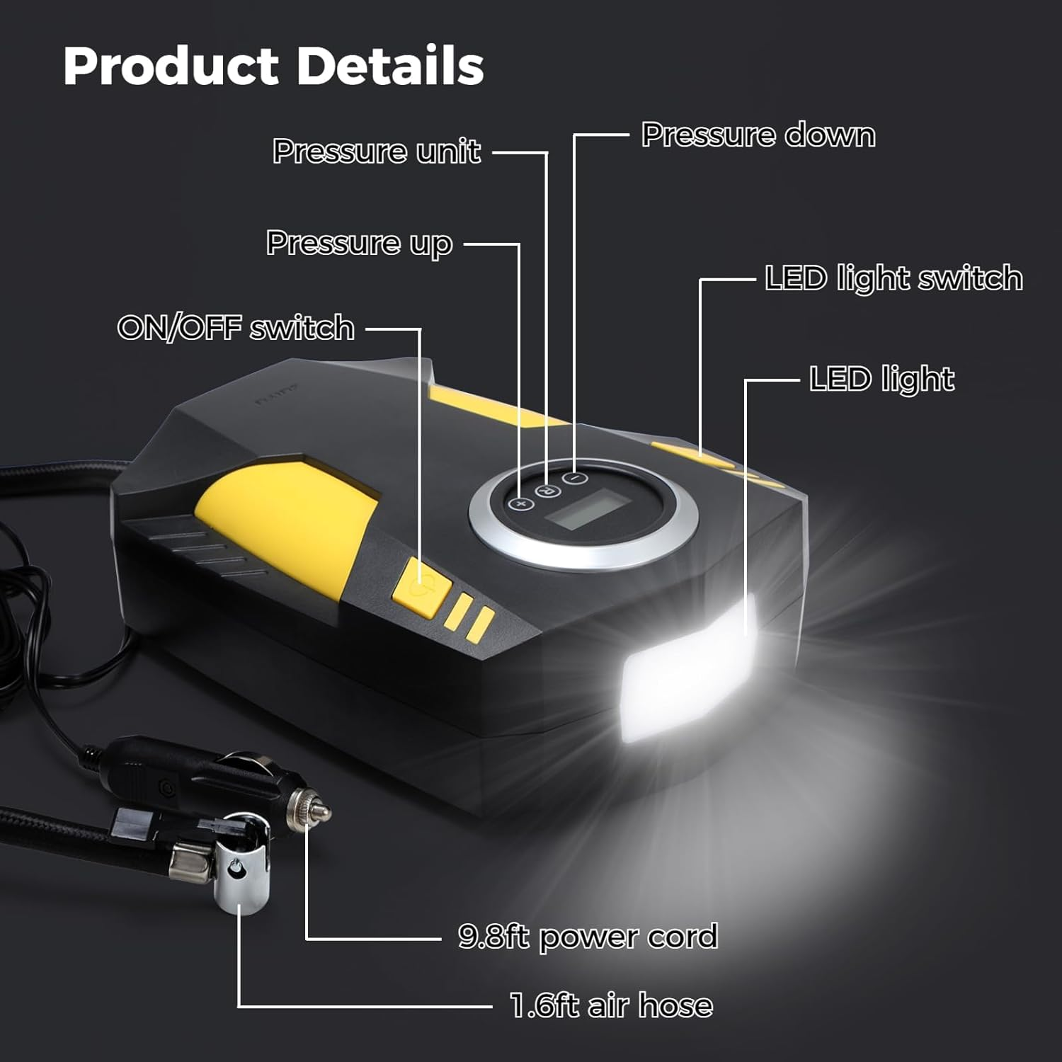Portable Air Compressor Tire Inflator, 12V Air Pump Max 150PSI with LED Light & Digital Pressure Gauge for Car Tires, Auto Tire Pump for Bikes and Other Inflatables, Electric Car Accessories image number 5