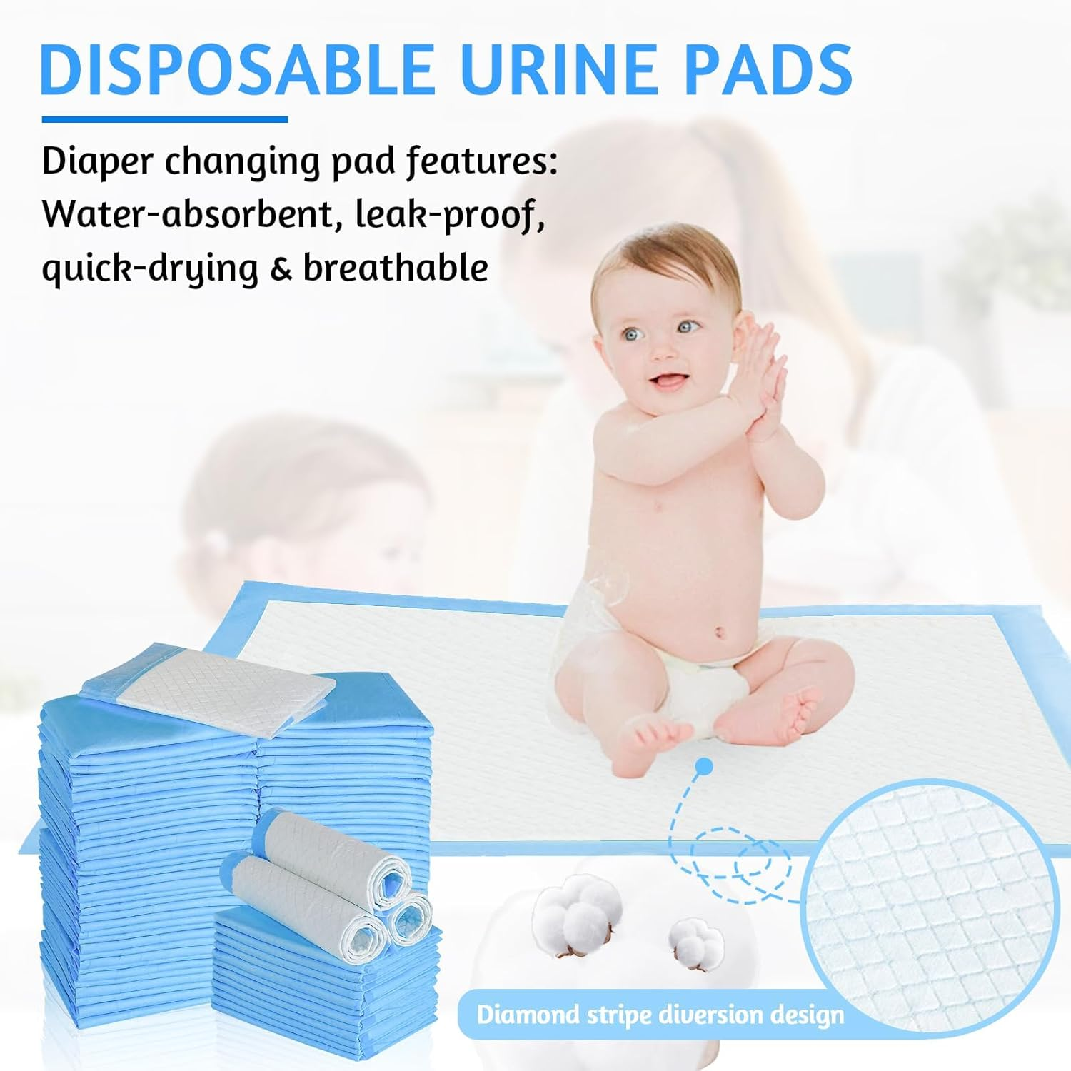 100PCS 45 X33Cm Disposable Urine Pads Baby Diaper Changing Pads with Absorbent Leakproof Quick Drying Features Breathable Underpads Bed Table Protector Mat