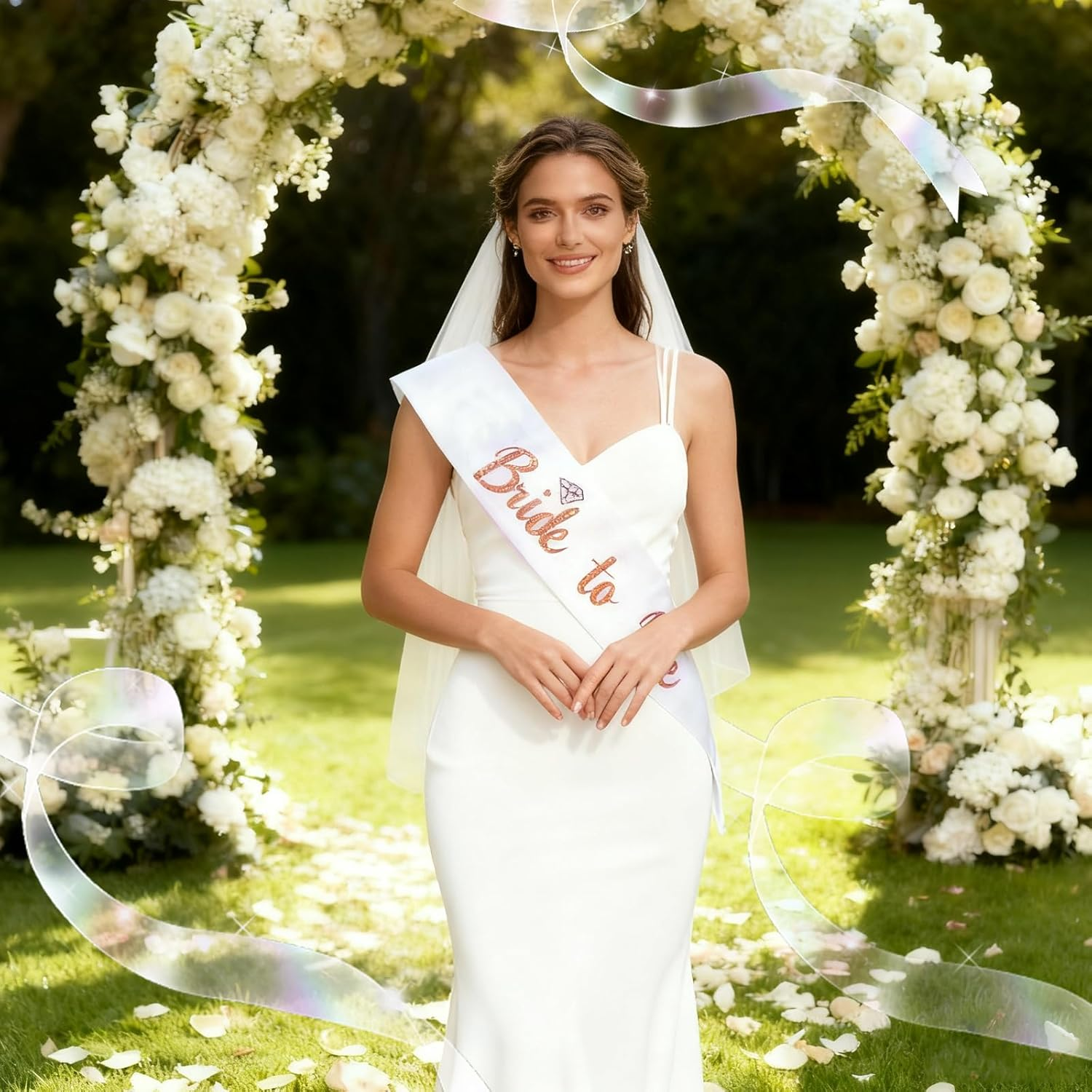 Bride to Be Sash and Veil Set - 1 White Bride to Be Sash, 1 Bride to Be Veil and 6 Team Bride Sashes, for Bridal Shower Decorations, Hens Party Decorations, Bridal Showers, and Hens Parties image number 3