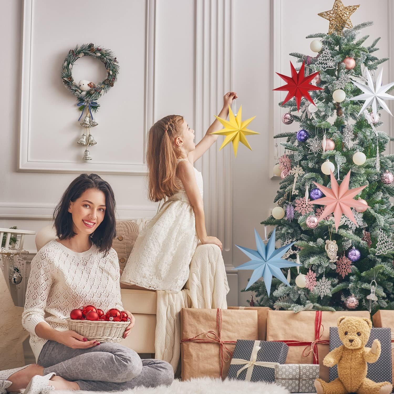 5Pack Paper Star Lantern Hanging Christmas Xmas Day Decoration for Wedding Birthday Party Home Decor (Multi-Colored) - Multicolor image number 4