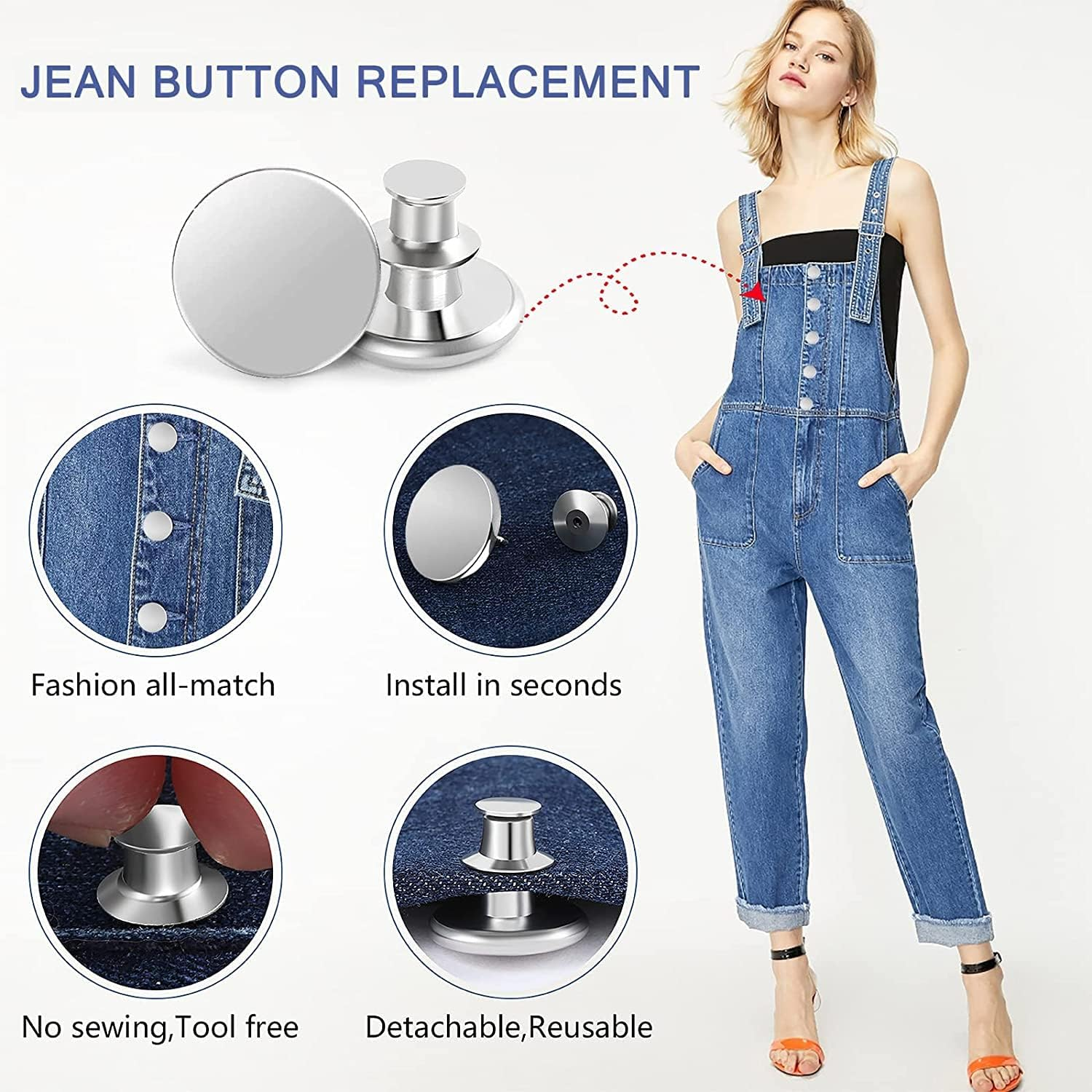 12 Sets Instant Replacement Snap Buttons for Jeans &ndash; No Sew & No Tools Metal Adjustable Pants Button Tightener, Reusable Jean Buttons for Loose Denim Repair (Glossy Silver-12Pcs) - Lettering Silver-12Pcs image number 5
