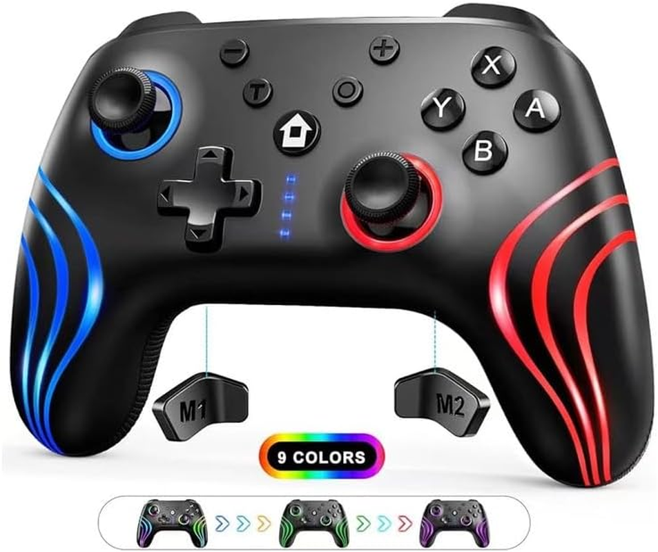 Wireless Switch Pro Controller with Hall Triggers, PC Pro Controllers for Nintendo Switch/Lite/Oled/Pc/Android/Ios/Steam with 9-Cool RGB Leds, 6-Axis Gyro Sensor Wake-Up Vibration Turbo - Black image number 2