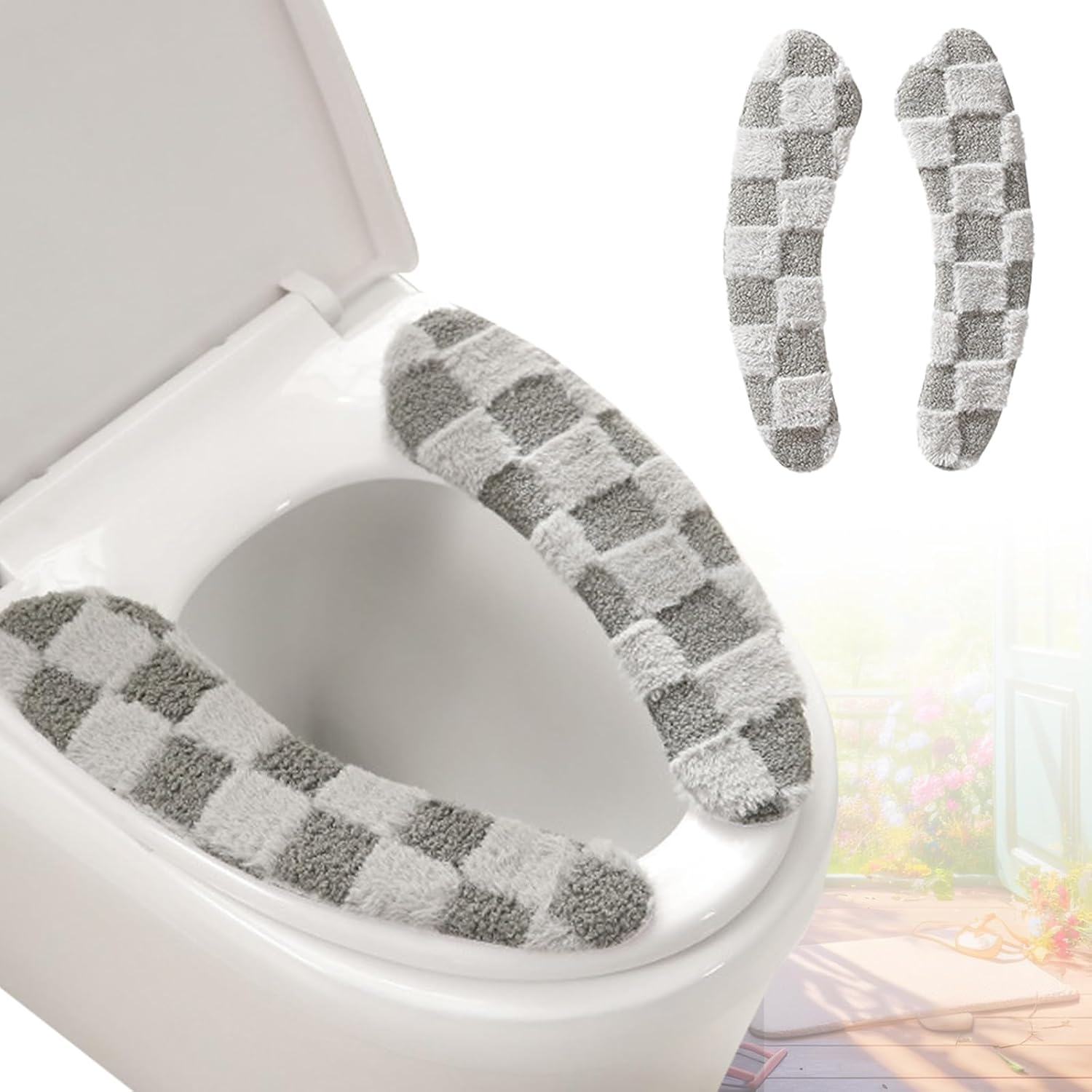 Thick and Warm Plush Toilet Seat Cover &ndash; Washable, Reusable Cushion with TPR Adhesive & Checkered Pattern for Comfort & Insulation (White)
