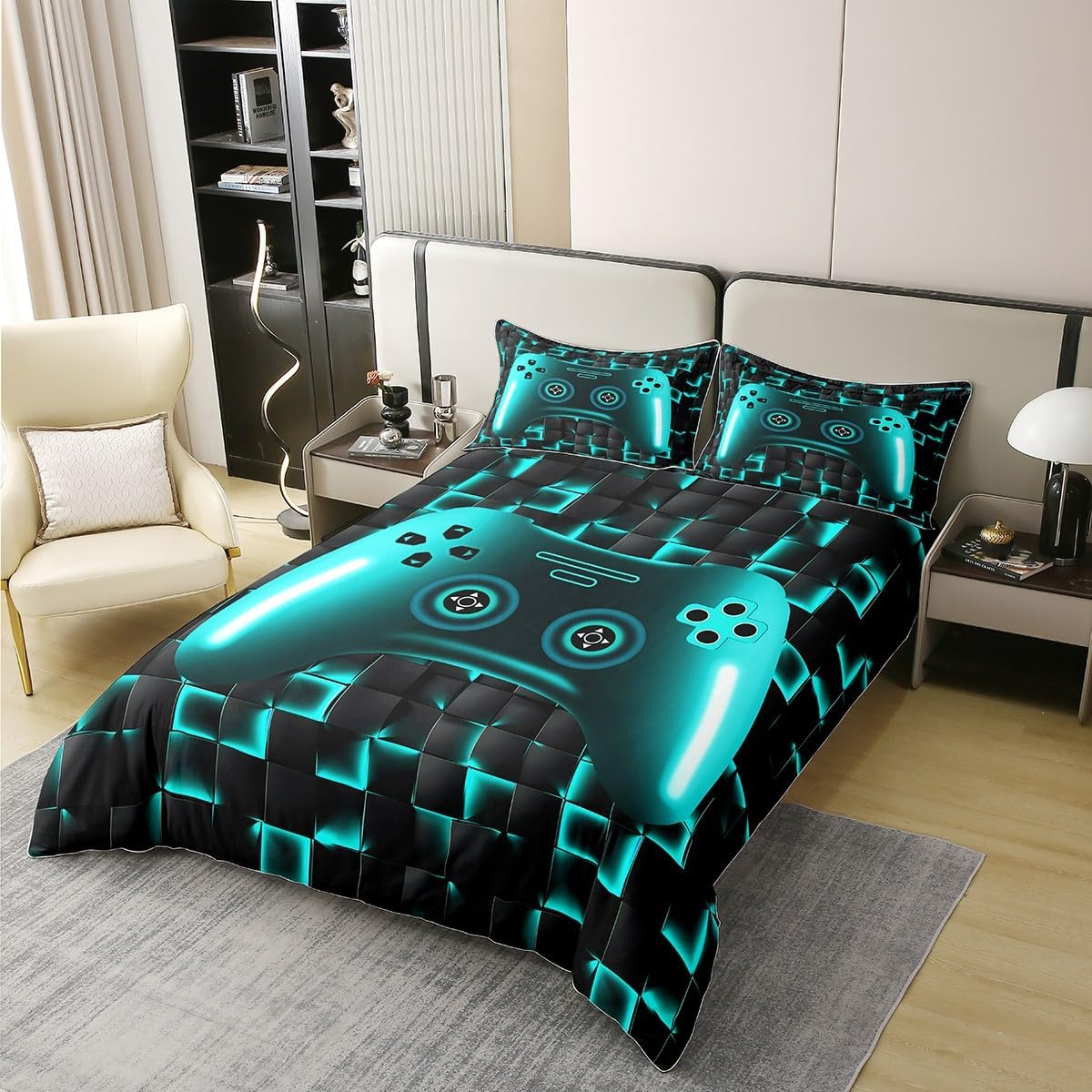 100% Cotton Gaming Bed Linen Sets for Boys, Gamer Duvet Cover, Gamepad Video Game Comforter Cover for Boys Men, Neon Lights Grid Plaid Grid Bed Set Reversible Mint Green Duvet Cover image number 2