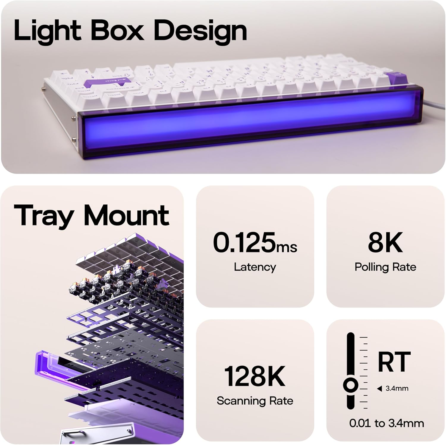Mechlands Aula Hero84 HE Wired Magnetic Gaming Keyboard, Rapid Hall Effect Keyboard with 0.01Mm Adjustable Actuation, 8Khz Polling, 5-Layer Sound Dampening, RGB Lightbox & Backlit (White Purple) image number 2