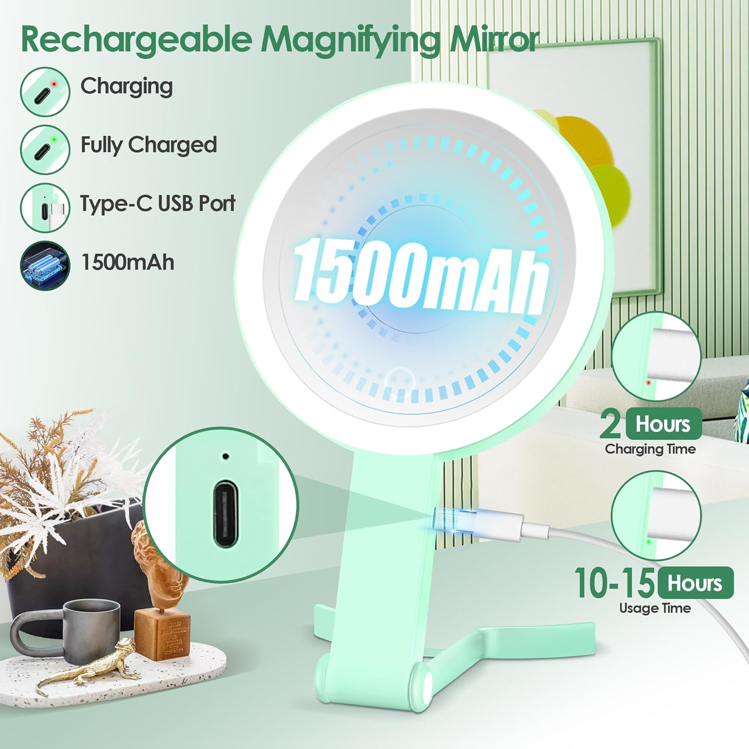 MIYADIVA Magnifying Mirror with Light, Double Sided 30X/1X Lighted Travel Makeup Mirror with Magnification, 3 Color Lighting, Dimmable Touch Screen, Adjustable & Foldable Hand Mirror (Green) image number 2