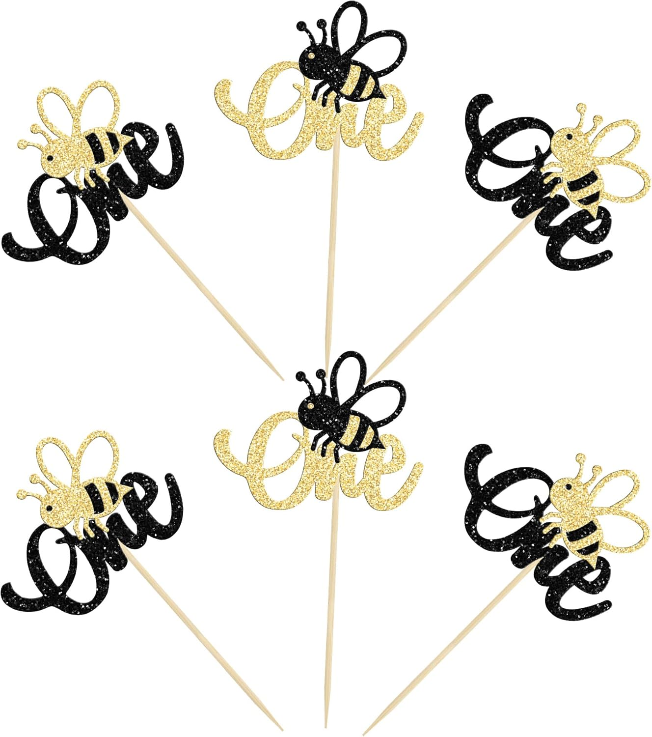 24Pcs Bumble Bee One Cupcake Toppers Glitter 1St Birthday Party Cupcake Picks Decorations for Bee Theme Baby Shower Kids First Birthday Party Supplies image number 5