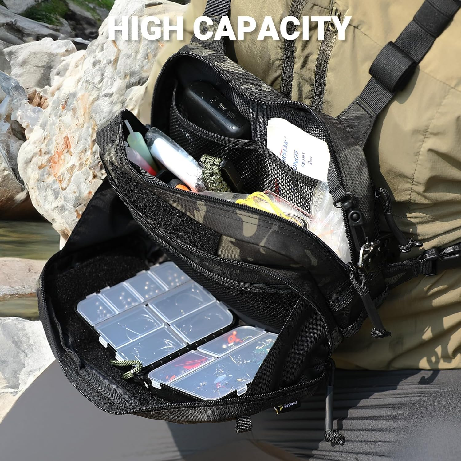VOTAGOO Fishing Chest Pack, Fly Fishing Bag for Men and Women, Tackle and Fly Boxes Storage Pack, Hunting Binocular Pack (Dark Black) - Dark Black image number 5