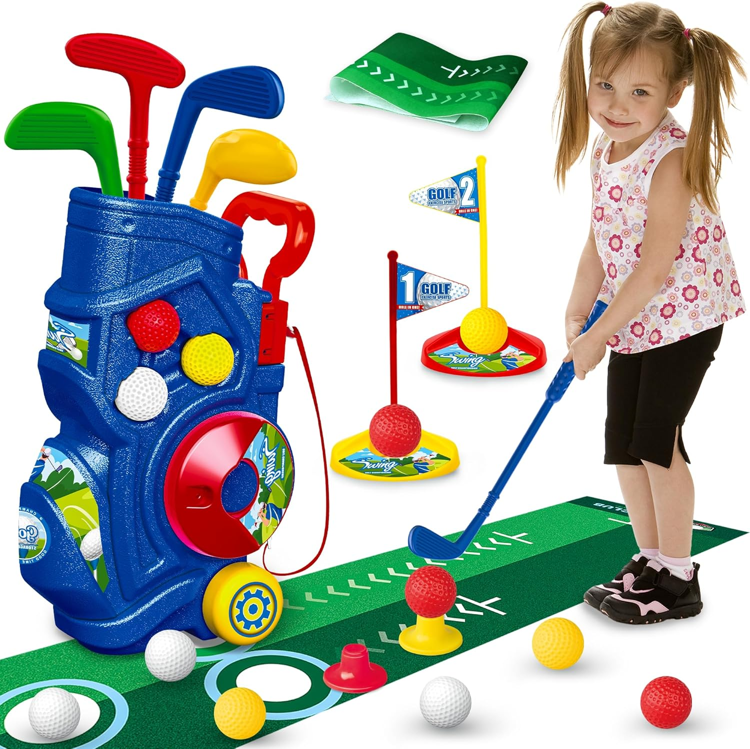Kids Golf Clubs Set, Golf Play Equipment Set Toys, Indoor Sport & Outdoor Toy with 4 Clubs, 9 Balls, 2 Practice Holes, Shoulder Strap, Birthday Christmas Toys for 3 4 5 6 Year Old Boys Girls image number 5