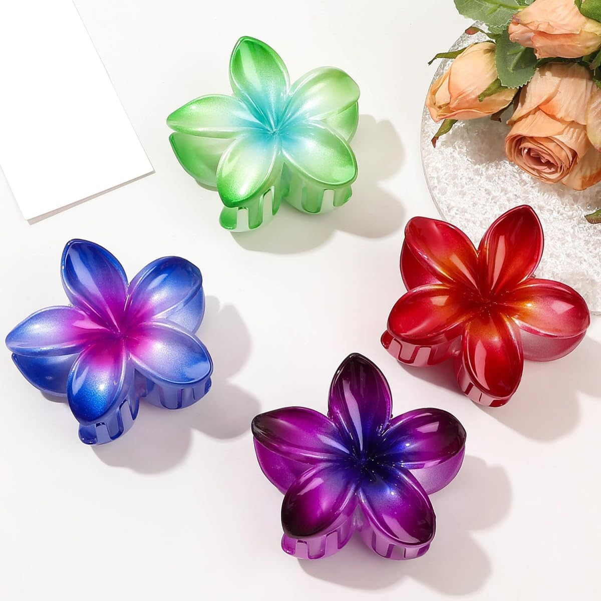Blausky Pack of 1 Acrylic Flower Hair Clips, Hawaiian Plumeria Hair Clip, Large Flower Hair Clips, Claw Clip, Non-Slip Flowers Hair Accessories for Women and Women, Thick/Thin Hair, Green image number 4