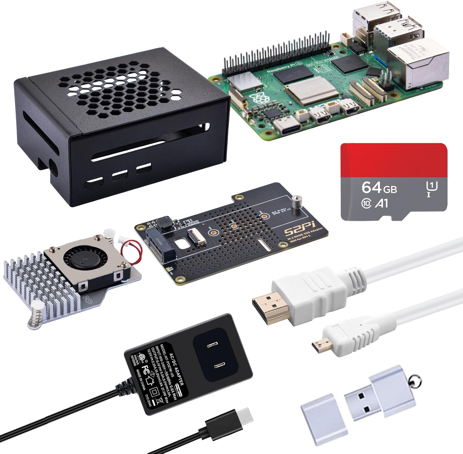 Geeekpi Starter Kit for Raspberry Pi 5 8GB, with Raspberry Pi 5 & Active Cooler, N04 M.2 Nvme SSD Pcie Peripheral Board, Case 64GB Card, Card Reader, HDMI Cables and 27W USB C Power Supply image number 3