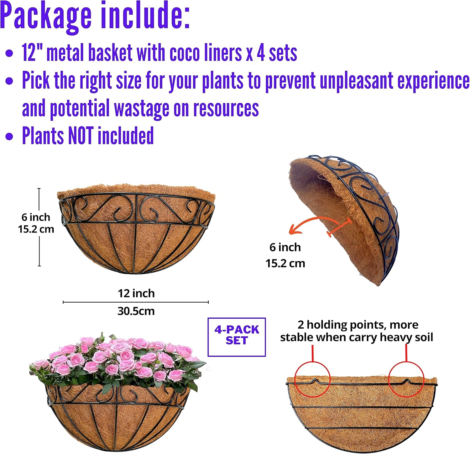 Lalagreen Wall Hanging Planters, 4 Pack, 12 Inch Balcony Flower Baskets with Coco Liner Outside, Outdoor Vertical Garden, Fence Pots Holder Half round Semi Circle Rail Railing Deck Porch Balcony Patio image number 2