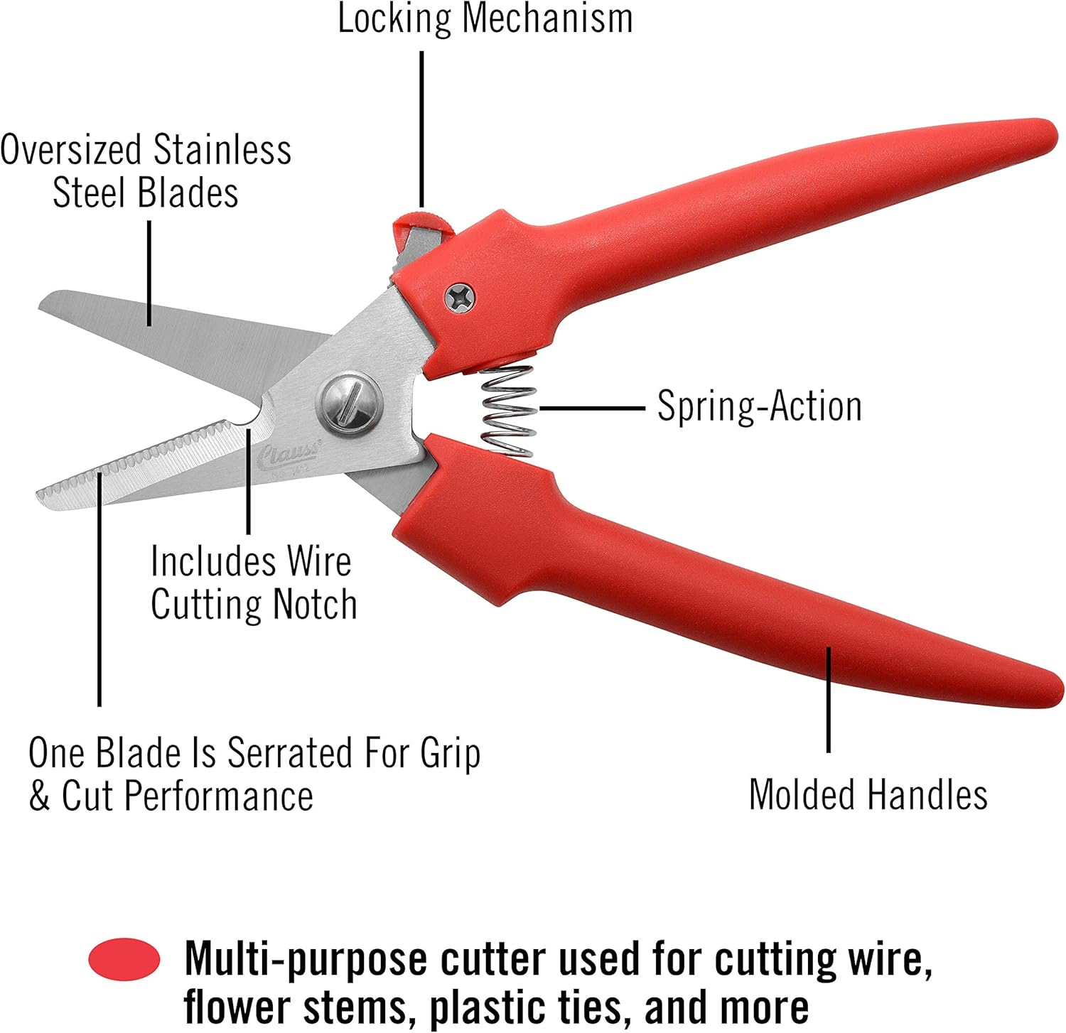 Clauss Spring-Action Stainless Steel Wire Cutters/Pruning Shears for Gardening, Red, 7.5&rsquo;&rsquo; (33503) image number 3