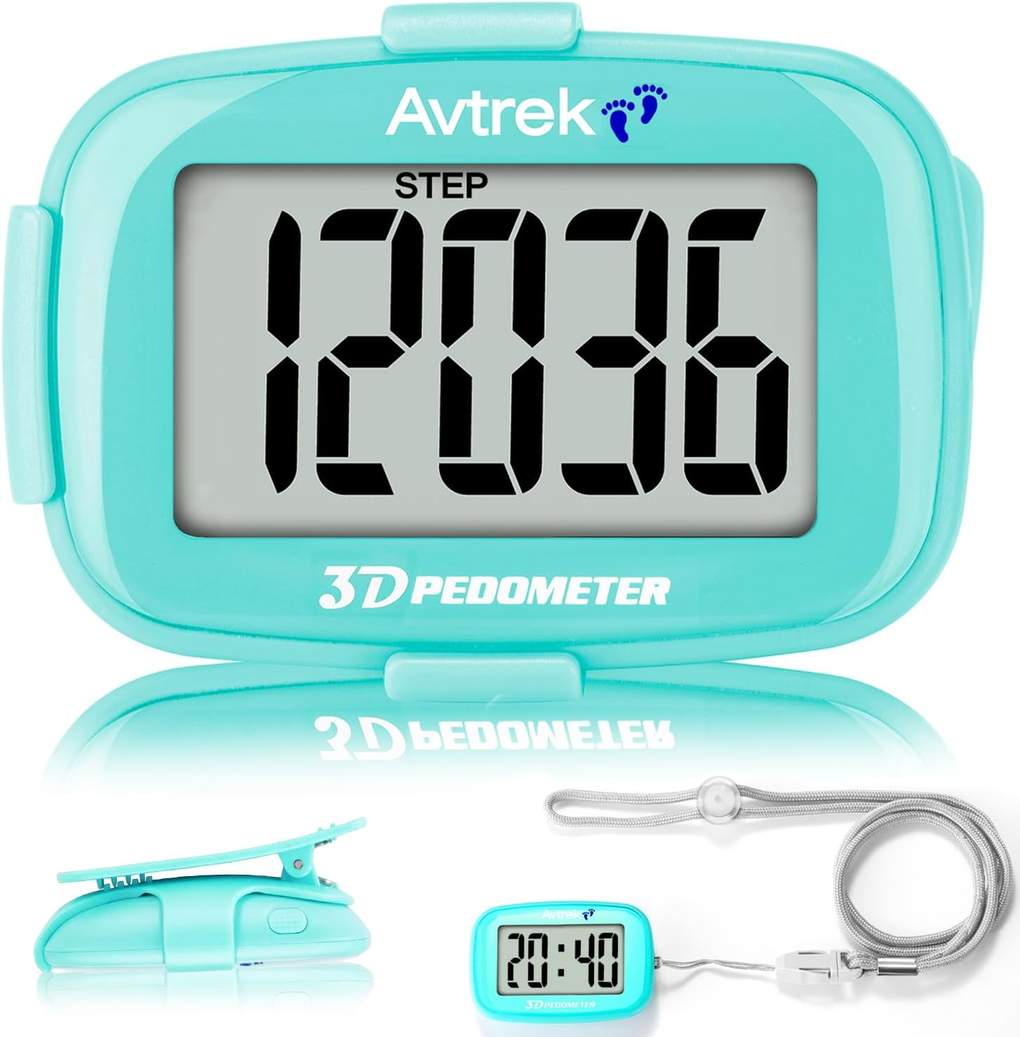 AVTREK Accurate 3D Step Counter for Walking Jumbo Screen Numbers Pedometer Clip on for Running with Time Display and LED Backlight Pedometers with Clip and Lanyard&hellip;