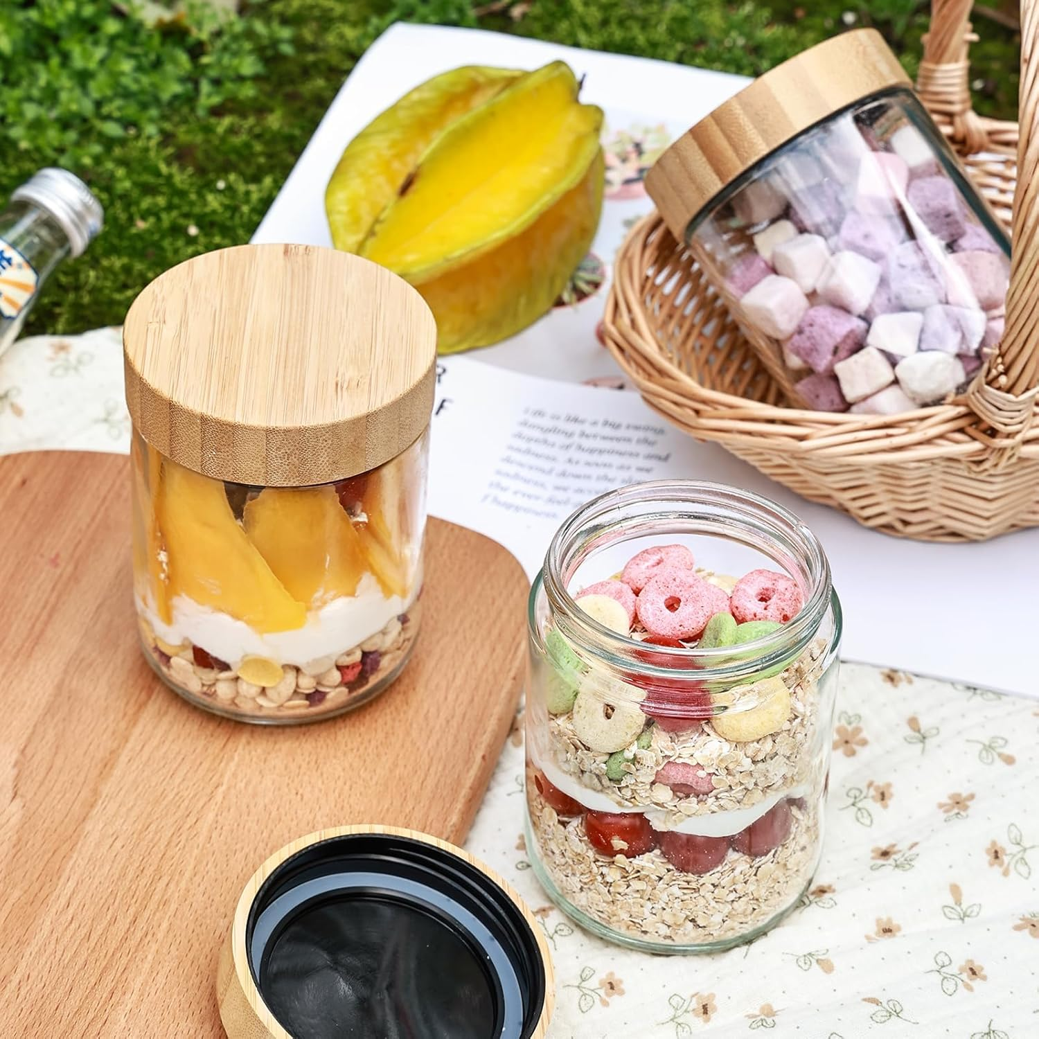 6PCS 16Oz Overnight Oats Containers with Bamboo Lids, Glass Jars with Airtight Lids, Wide Mouth Mason Salad Jars, Glass Food Storage Containers for Spice Sugar Snacks Yogurt image number 2