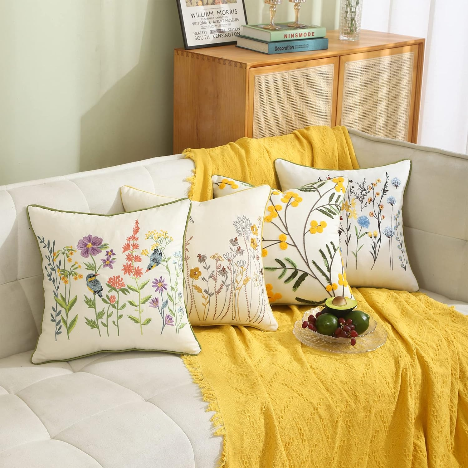 Tosleo Decorative Pillowcases 18 X 18 Inch Pack of 2 Embroidered Throw Pillow Covers Farmhouse Pillow Cushion Cases Home Decor Square Floral Pillow Case (All-Season Flower)