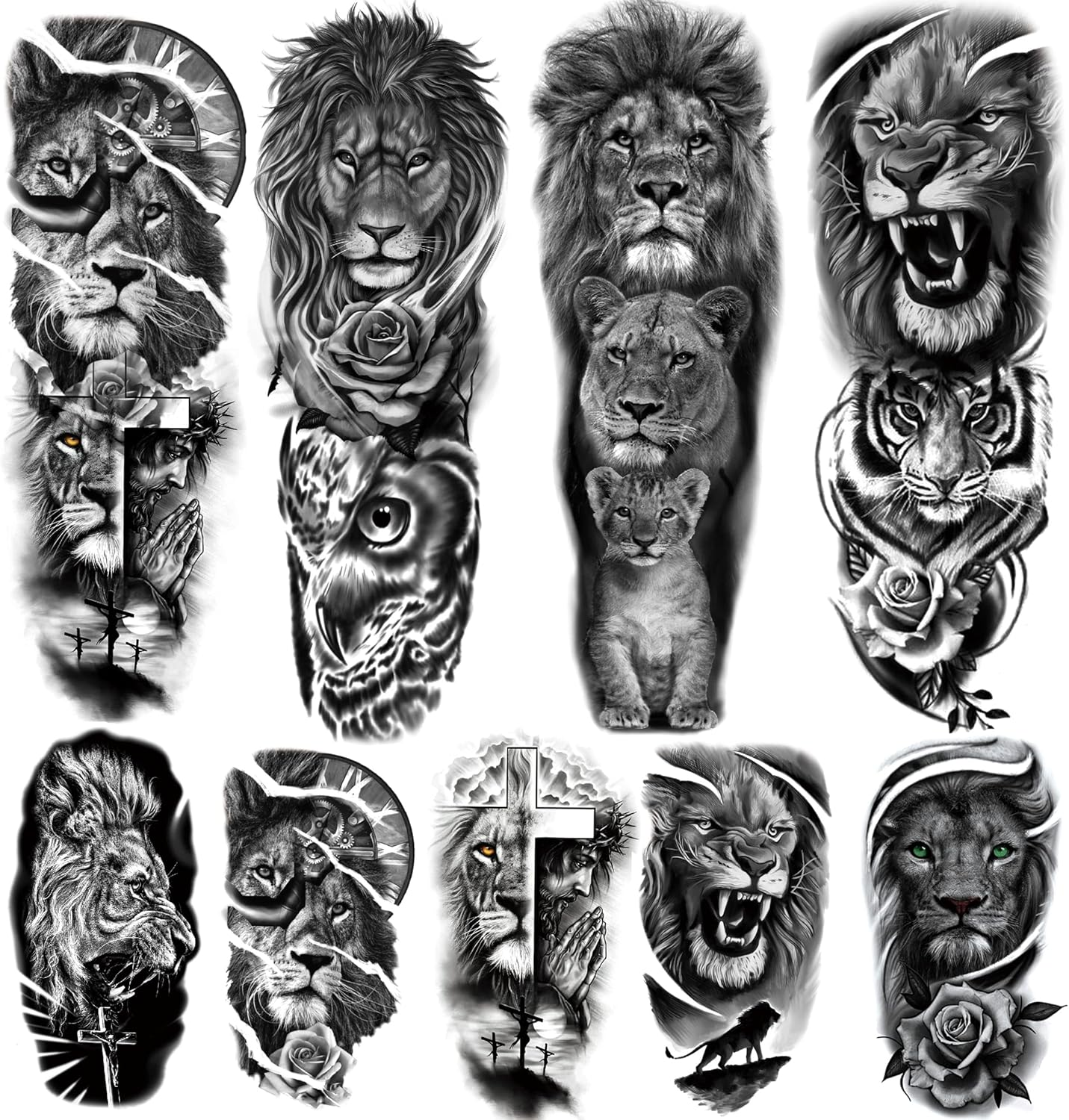 Kotbs Lion Tattoo Stickers, 4-Sheet Full Sleeve Tattoo Big Tattoos Temporary, 5-Sheet Half Full Arm Temporary Tattoo for Adult Kids Women Makeup