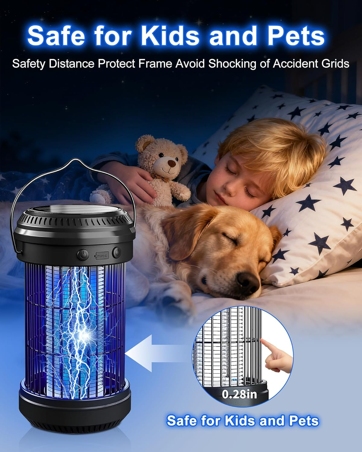 Necomi Solar Bug Zapper, Electronic Mosquito Killer/Insect Killer with LED Bulb Light, 3200Mah Solar & USB Charging Electric Bug Zapper Killer Lamp for Home Office Camping Backyard Outdoor image number 3